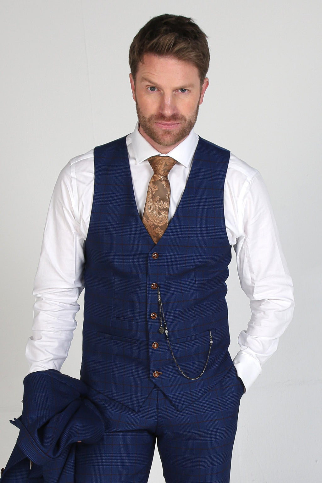 Mens navy tweed windowpane waistcoat Alex