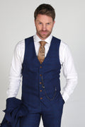 Mens navy tweed windowpane waistcoat Alex