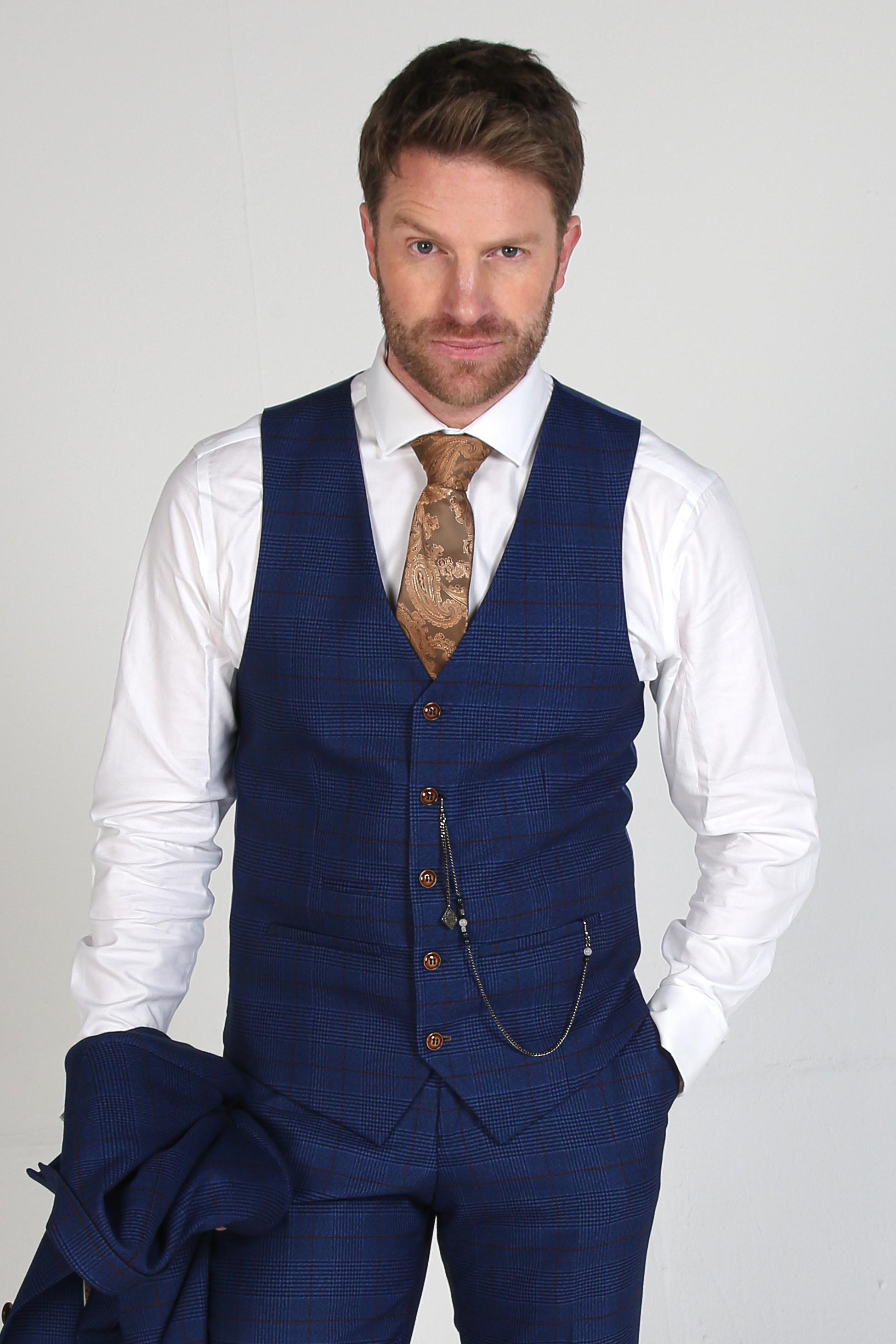Mens navy tweed windowpane waistcoat Alex
