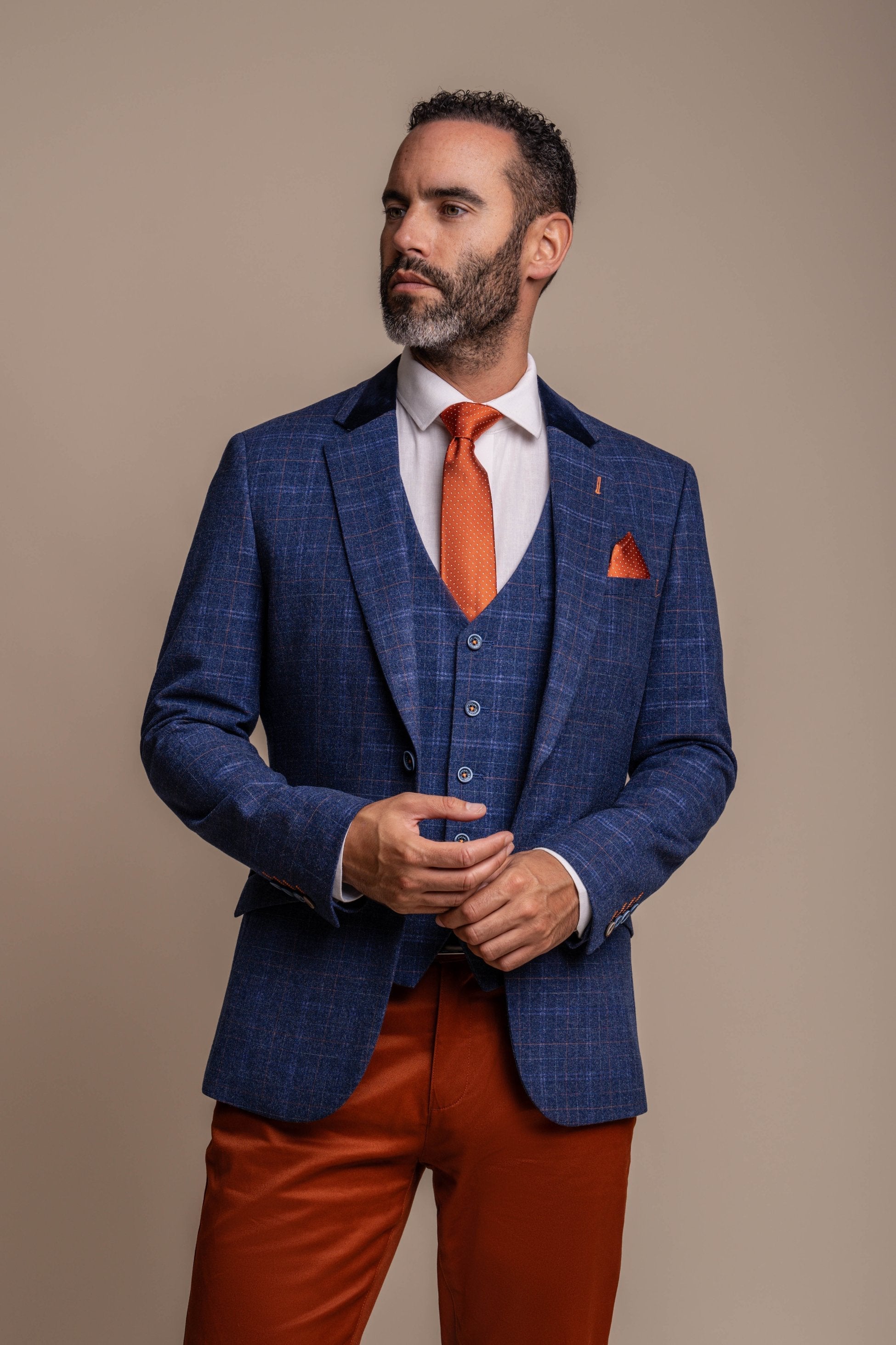 Men's Navy Blue Tweed Check Blazer with Rust Brown Chino Combination