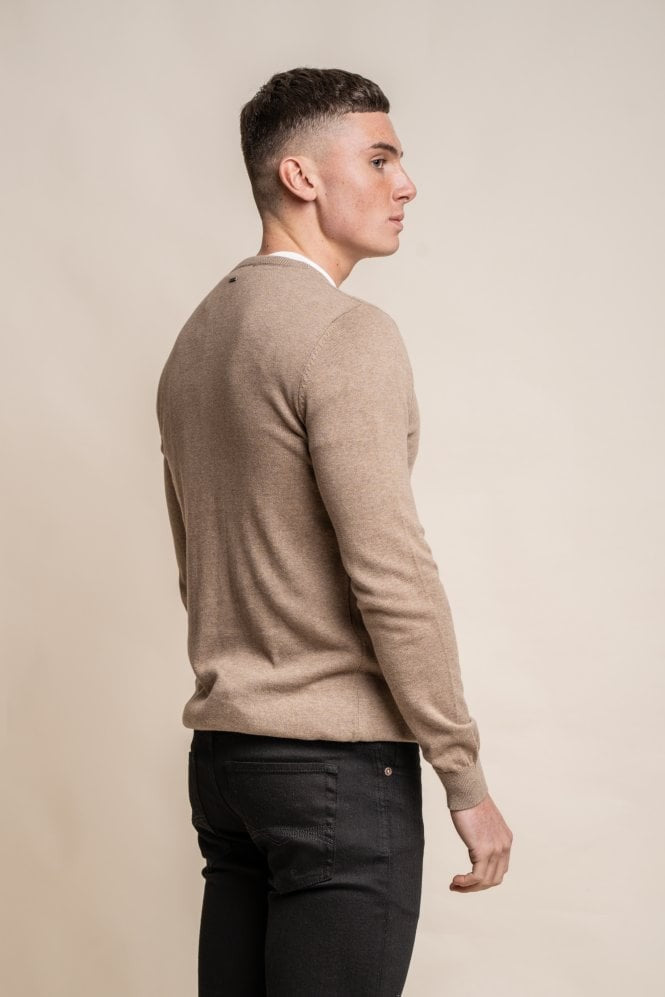Mens Fawn Brown Cotton Slim Fit Crewneck Jumper