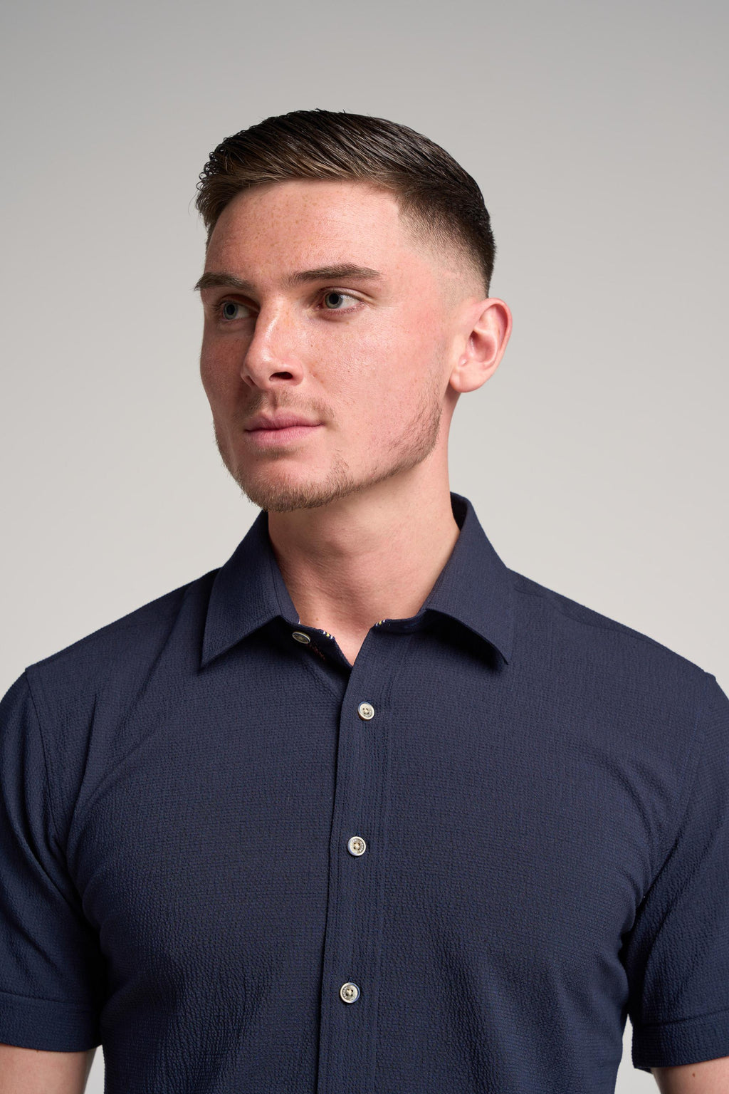 Mens Kai Navy Blue Textured Cotton Slim Fit Shirt
