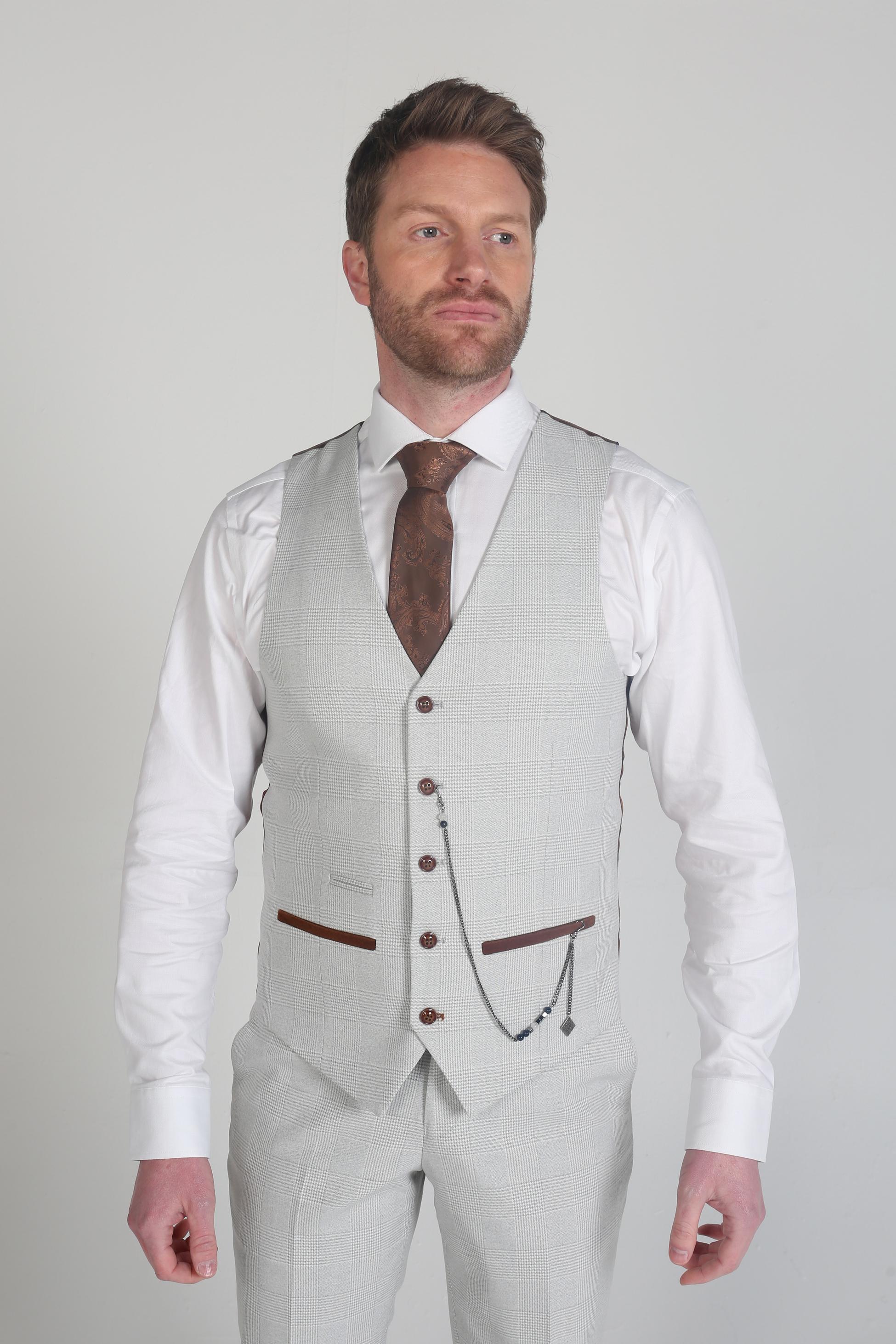 Mens stone beige herringbone tweed waistcoat Mark