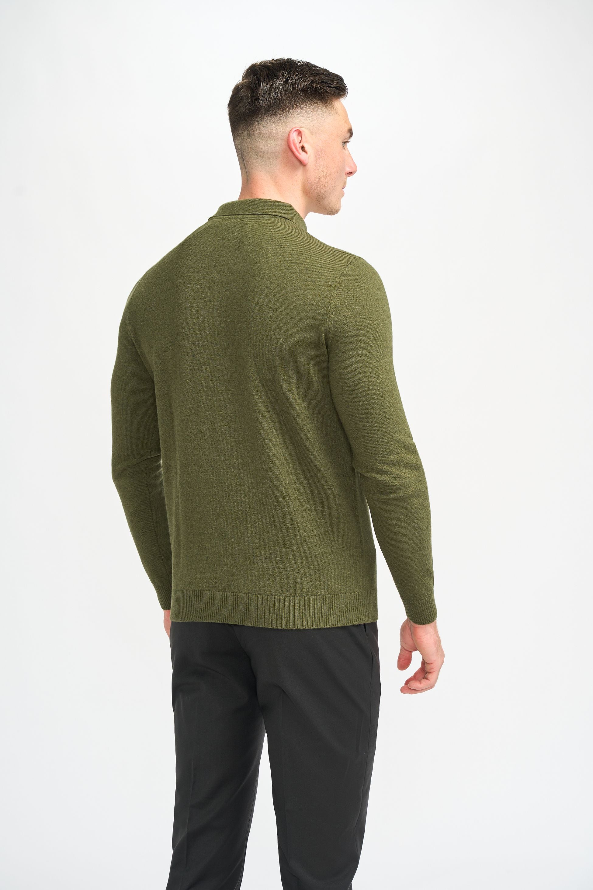 Mens Olive Green Wool Knit Long Sleeve Polo Shirt BOOM