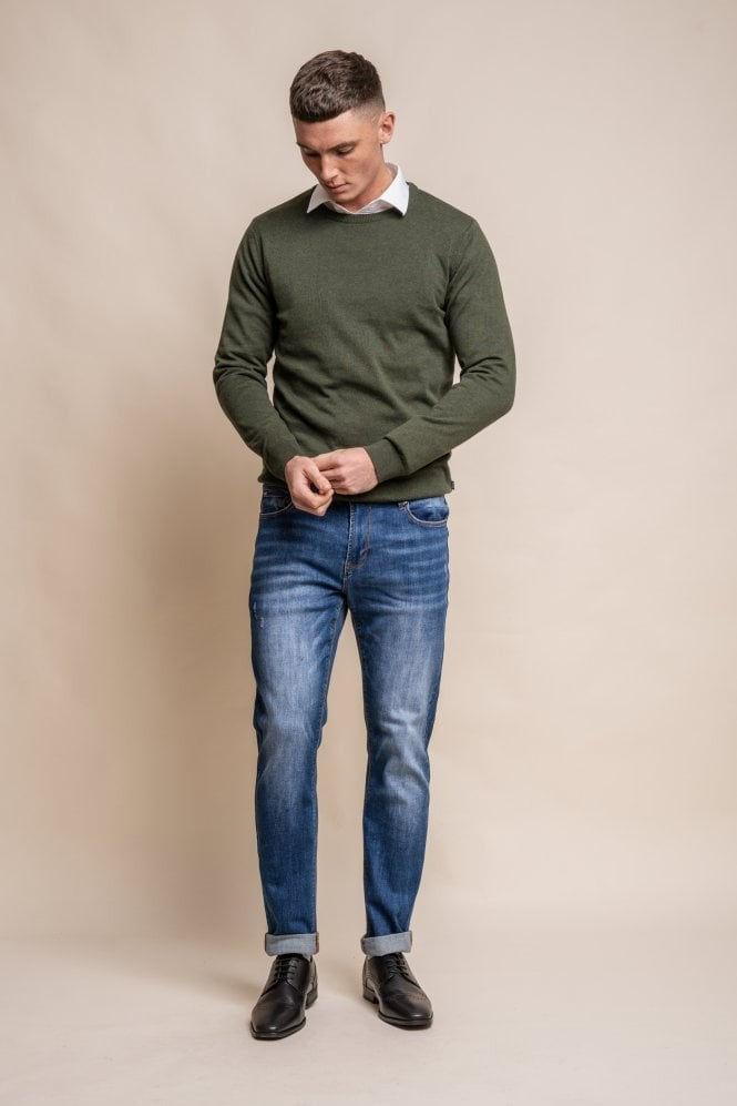 Mens Olive Green Cotton Slim Fit Crewneck Jumper