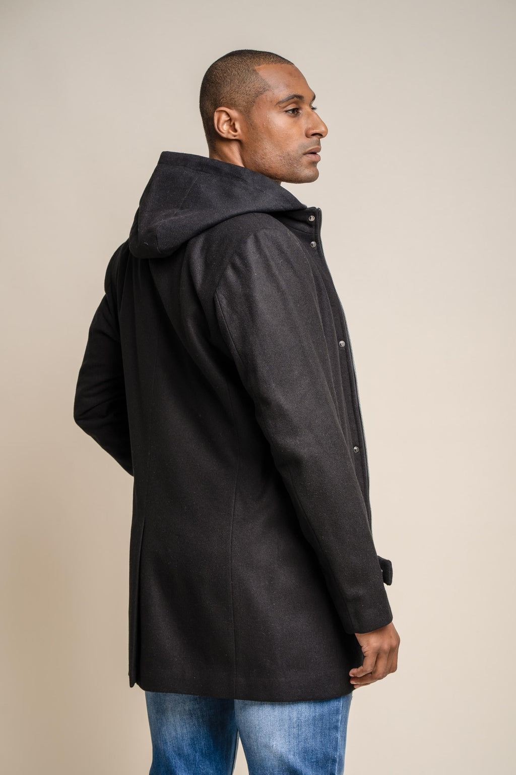 Men's black wool-blend hooded coat, MICHIGAN.