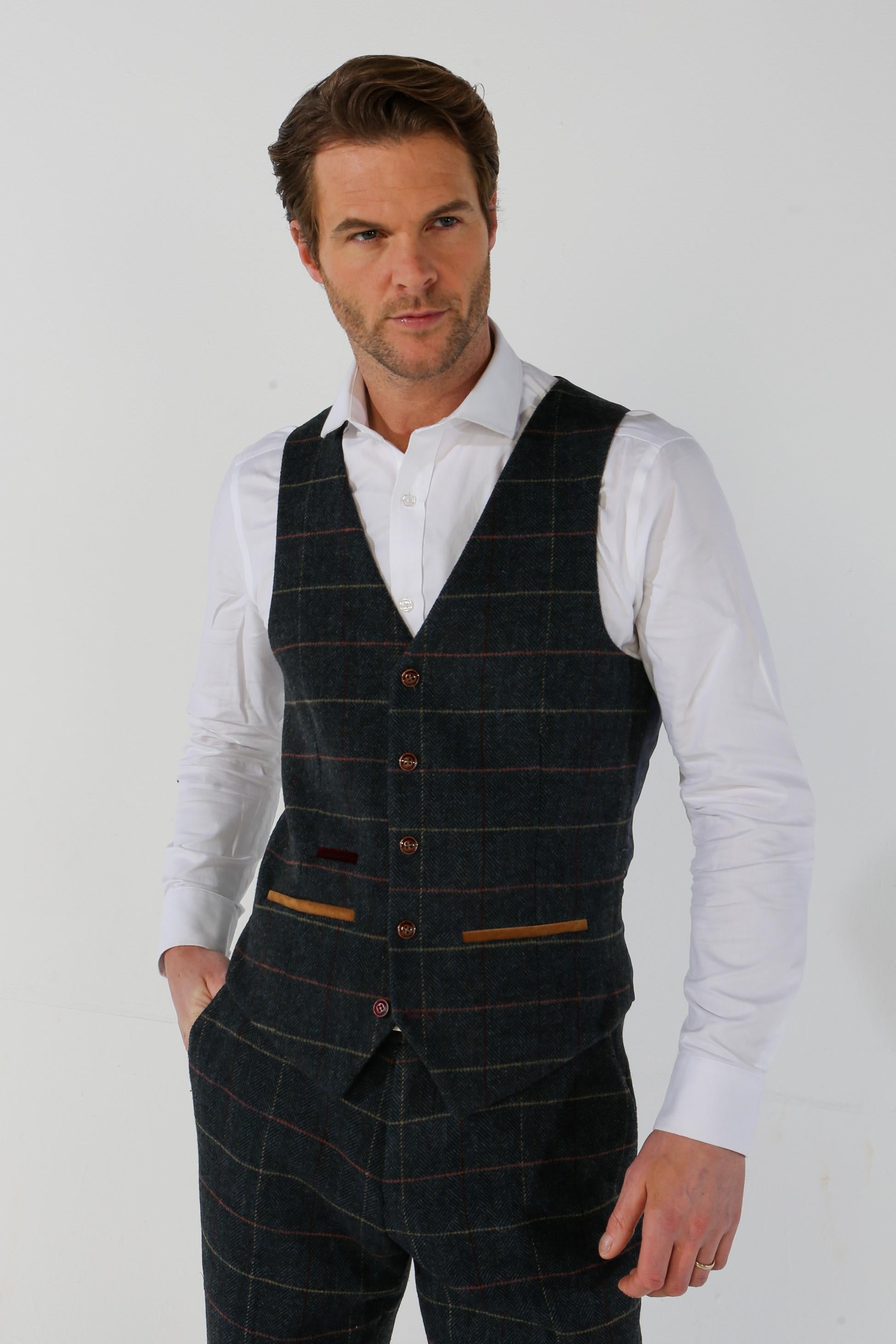 Mens Navy Tweed Check Plaid Waistcoat THOMAS