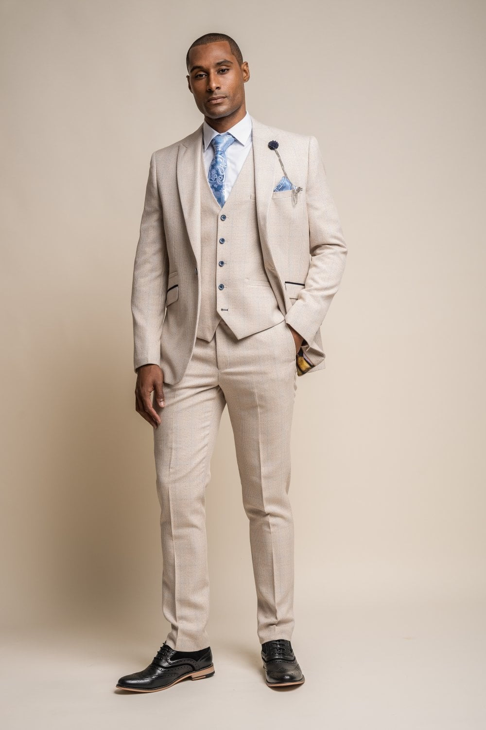 Men’s Beige Tweed Glen Check Slim Fit Suit Jacket CARIDI