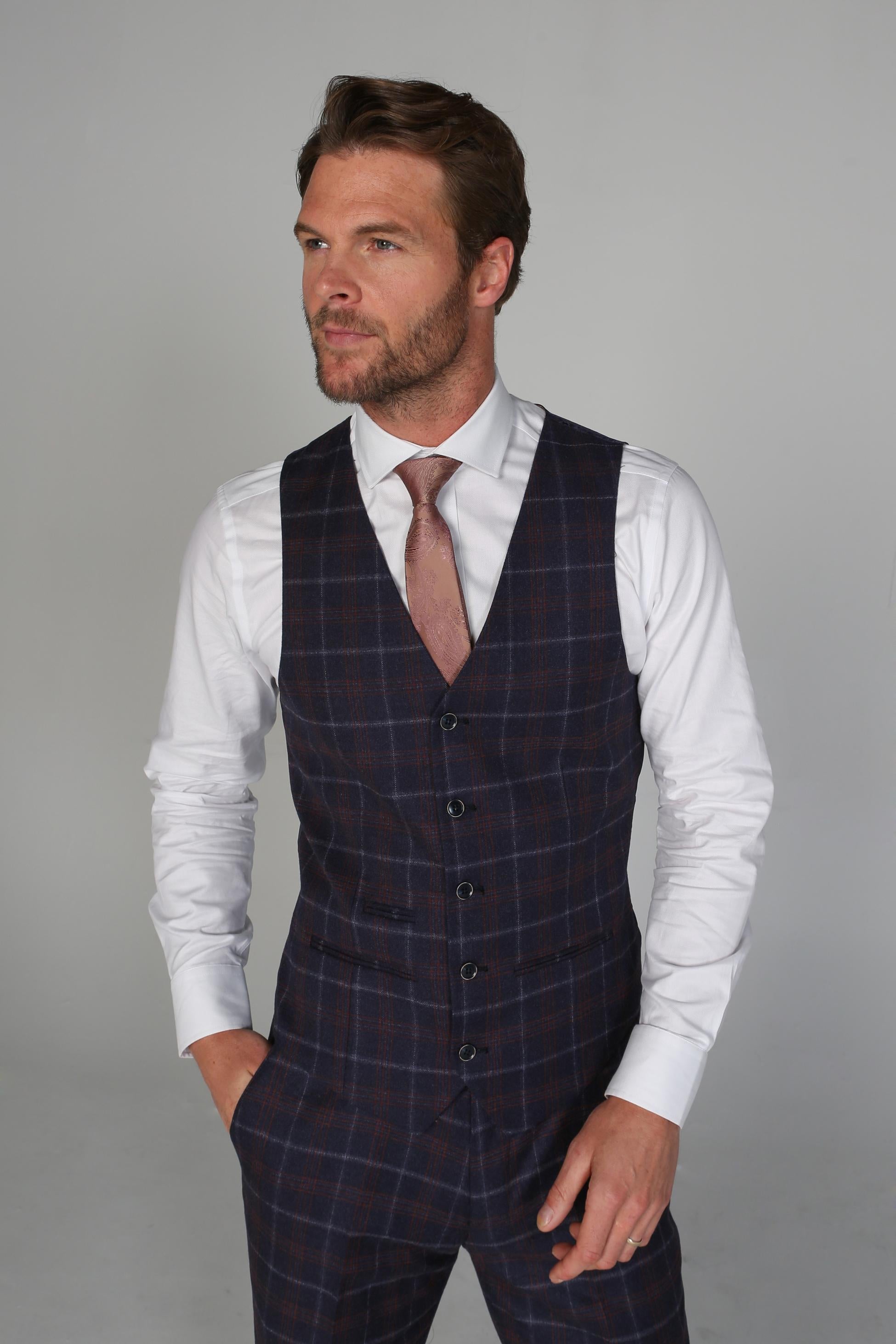 KENNETH Men’s Tailored Fit Retro Check Suit - Navy/Maroon