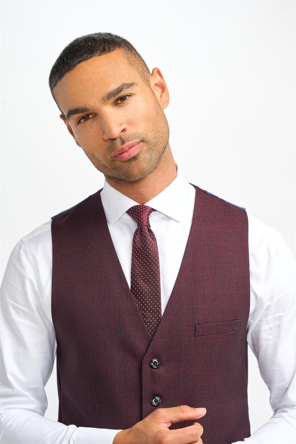 Mens Wine Tweed Glen Check Slim Fit Formal Waistcoat CARIDI