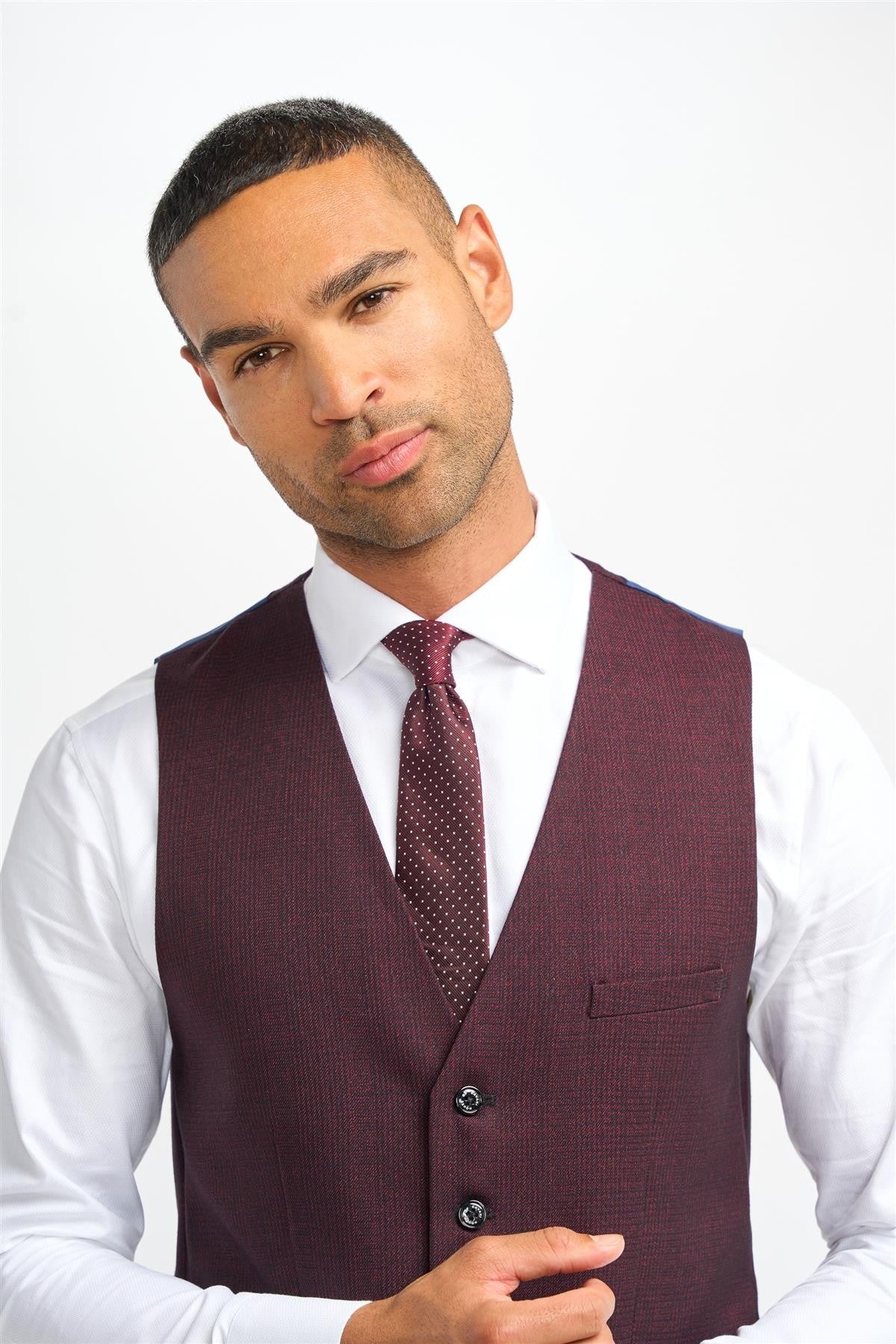 Mens Wine Tweed Glen Check Slim Fit Formal Waistcoat CARIDI