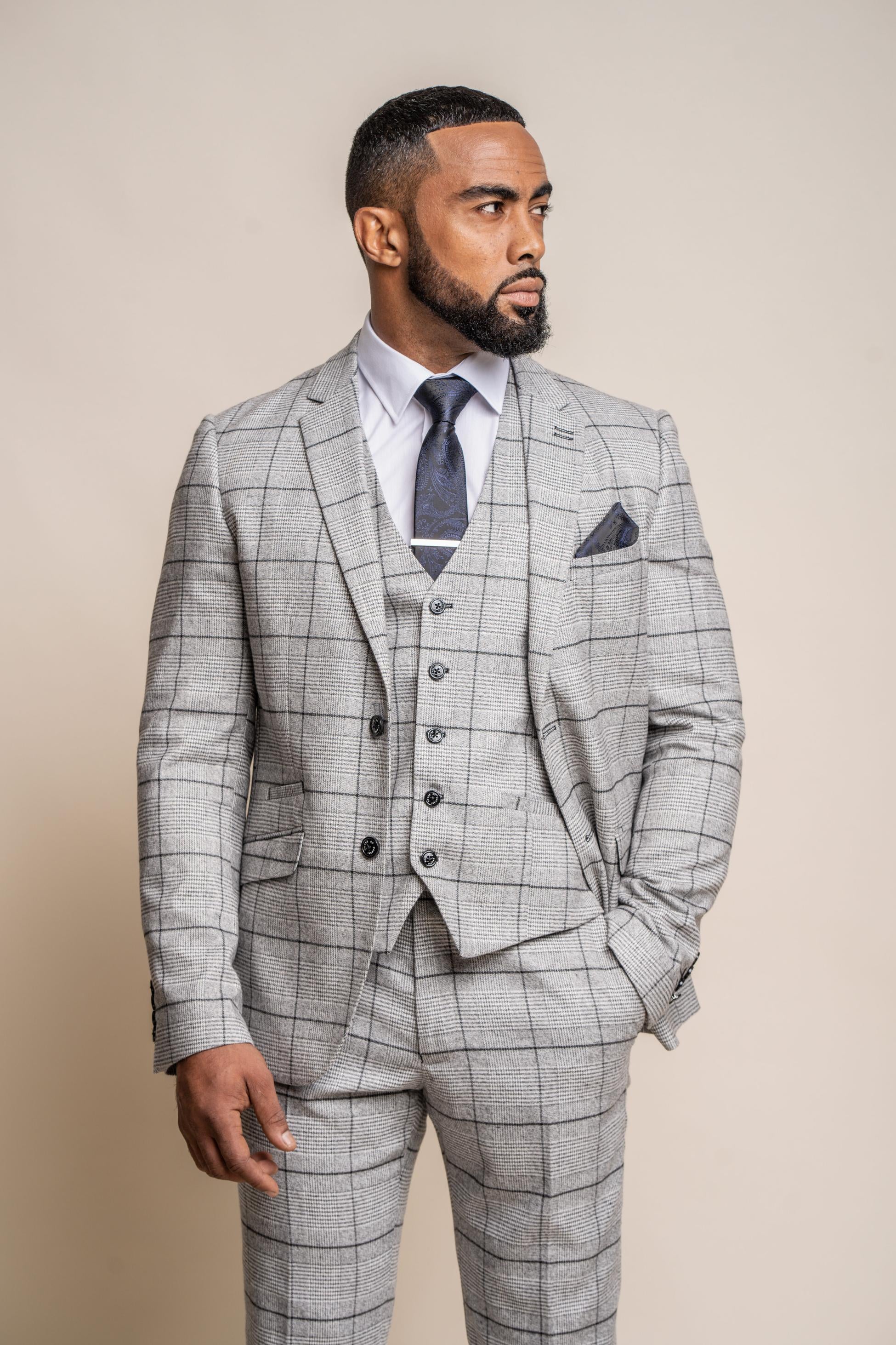 Men's Ghost Platinum Grey Tweed Windowpane Slim Fit Suit