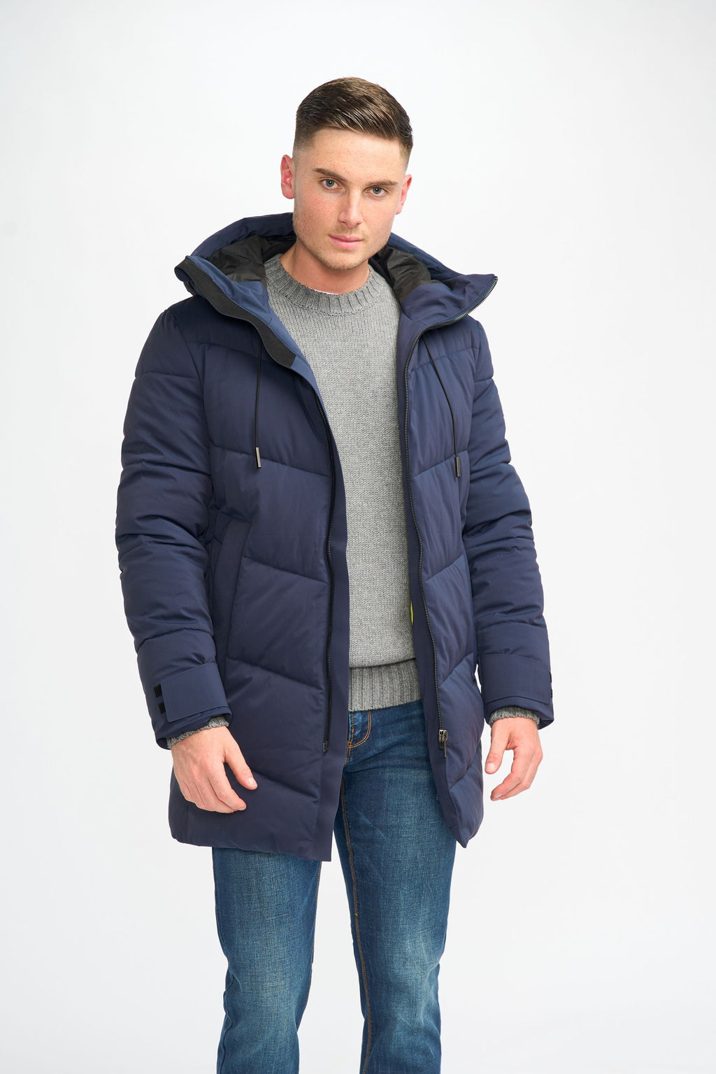 Men’s quilted puffer winter coat in navy blue, FABINI.