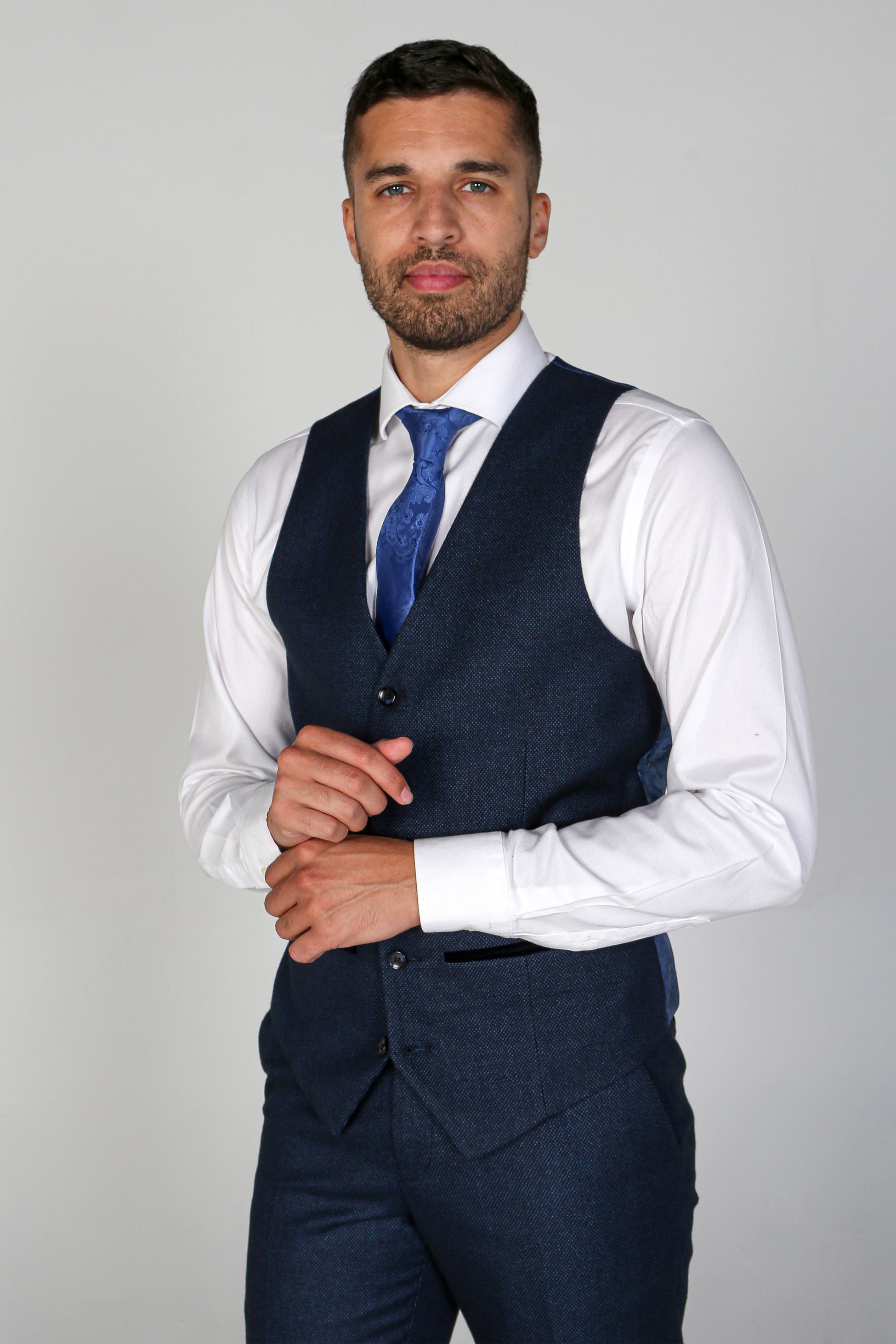 Mens Navy Blue Textured Formal Suit ARTHUR