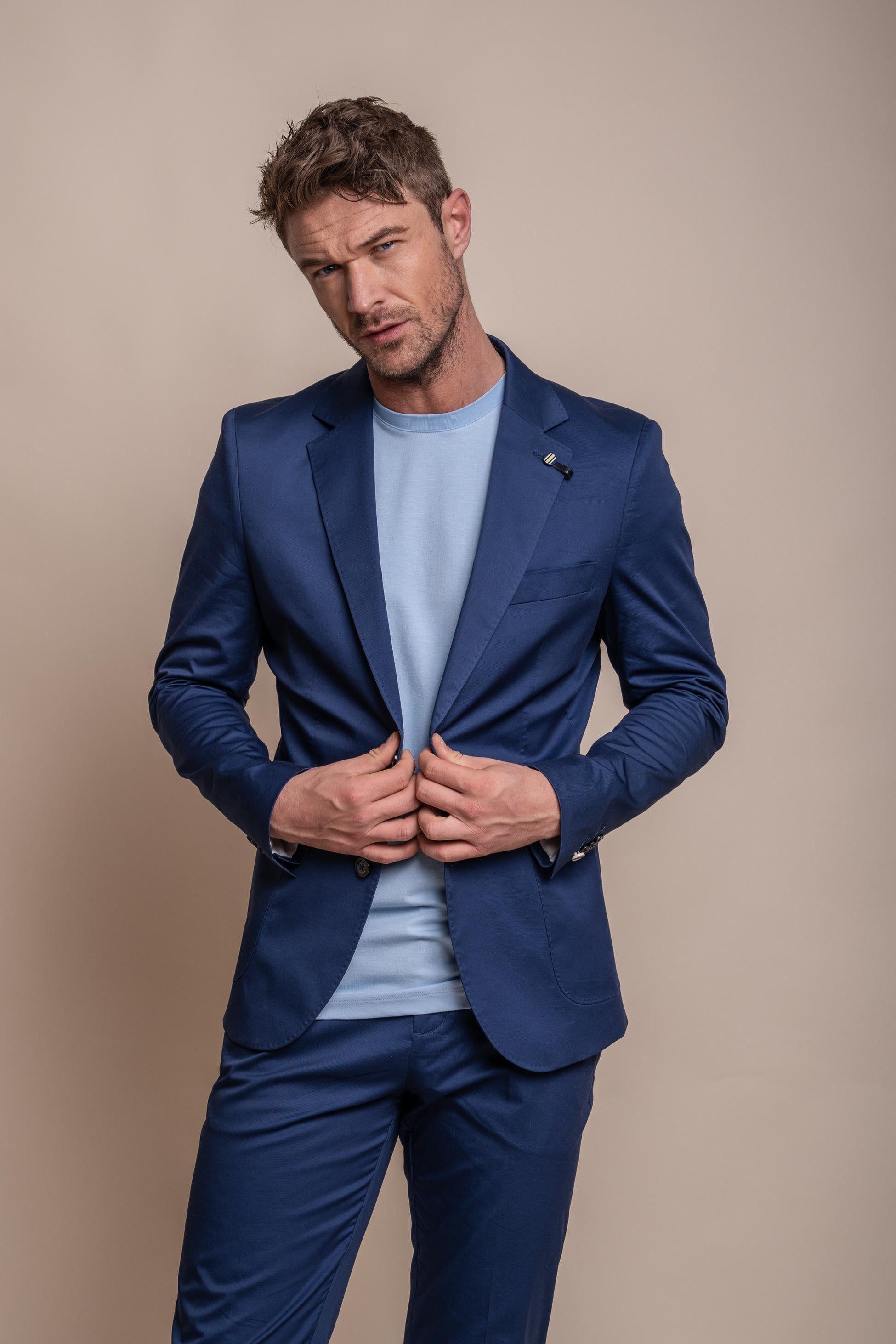 Mens electric blue cotton slim fit formal suit jacket MARIO event style