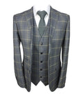 Men's tailored fit retro check suit in grey and gold