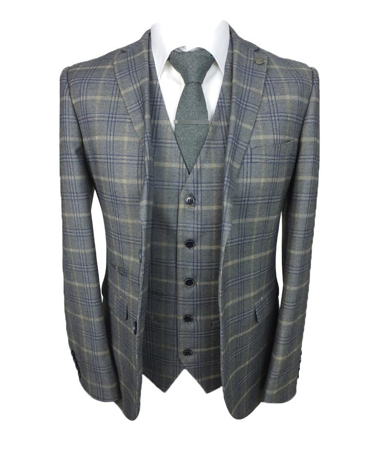Men's tailored fit retro check suit in grey and gold