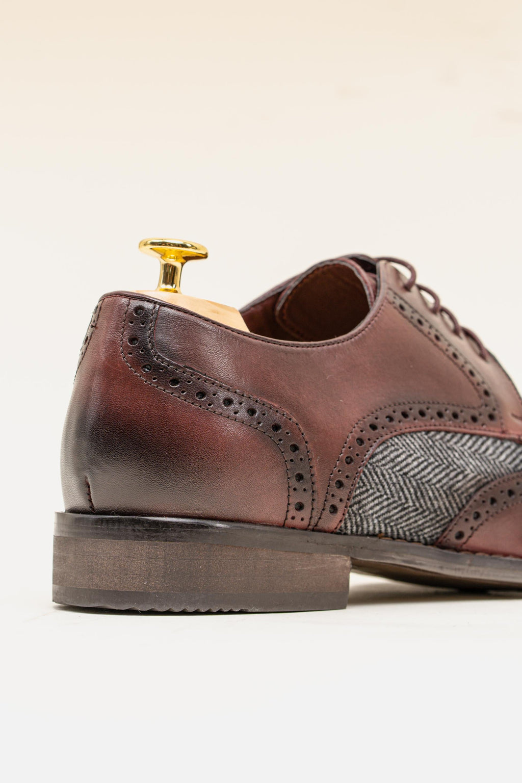 Mens Burgundy Genuine Leather and Tweed Brogue Shoes FARO