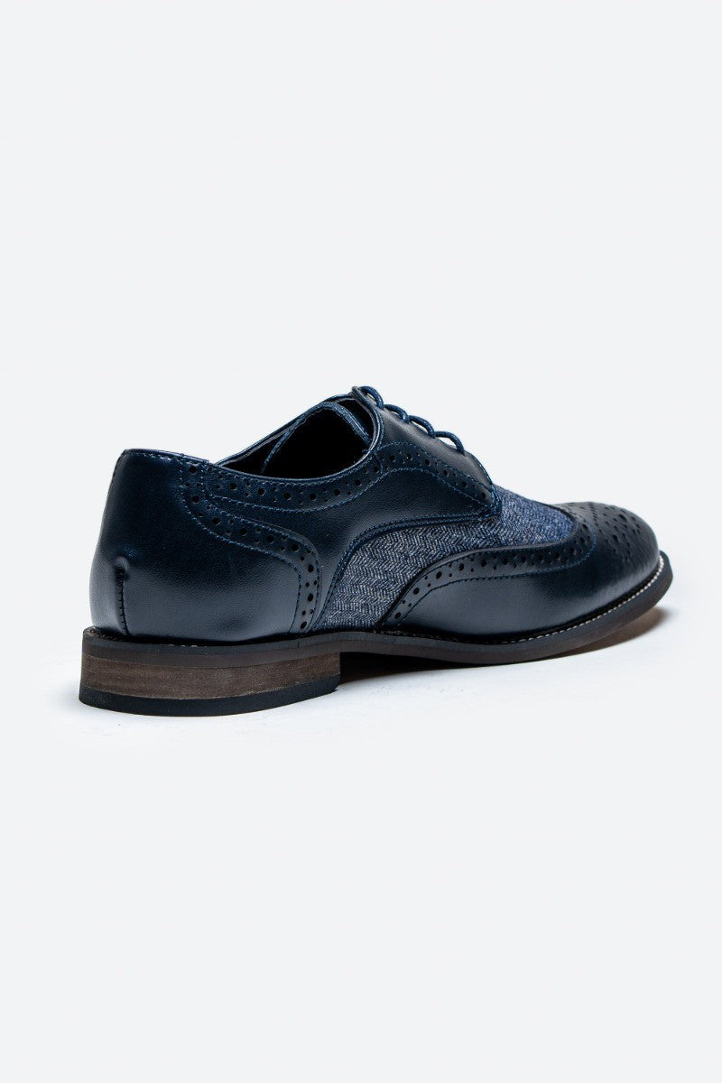 Mens Navy Blue Leather Tweed Retro Derby Brogue Shoes OLIVER
