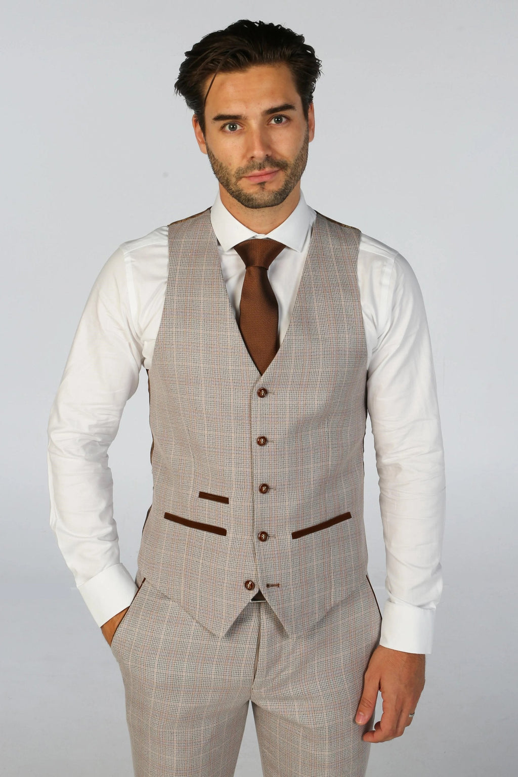 Mens beige tailored fit check waistcoat Leo