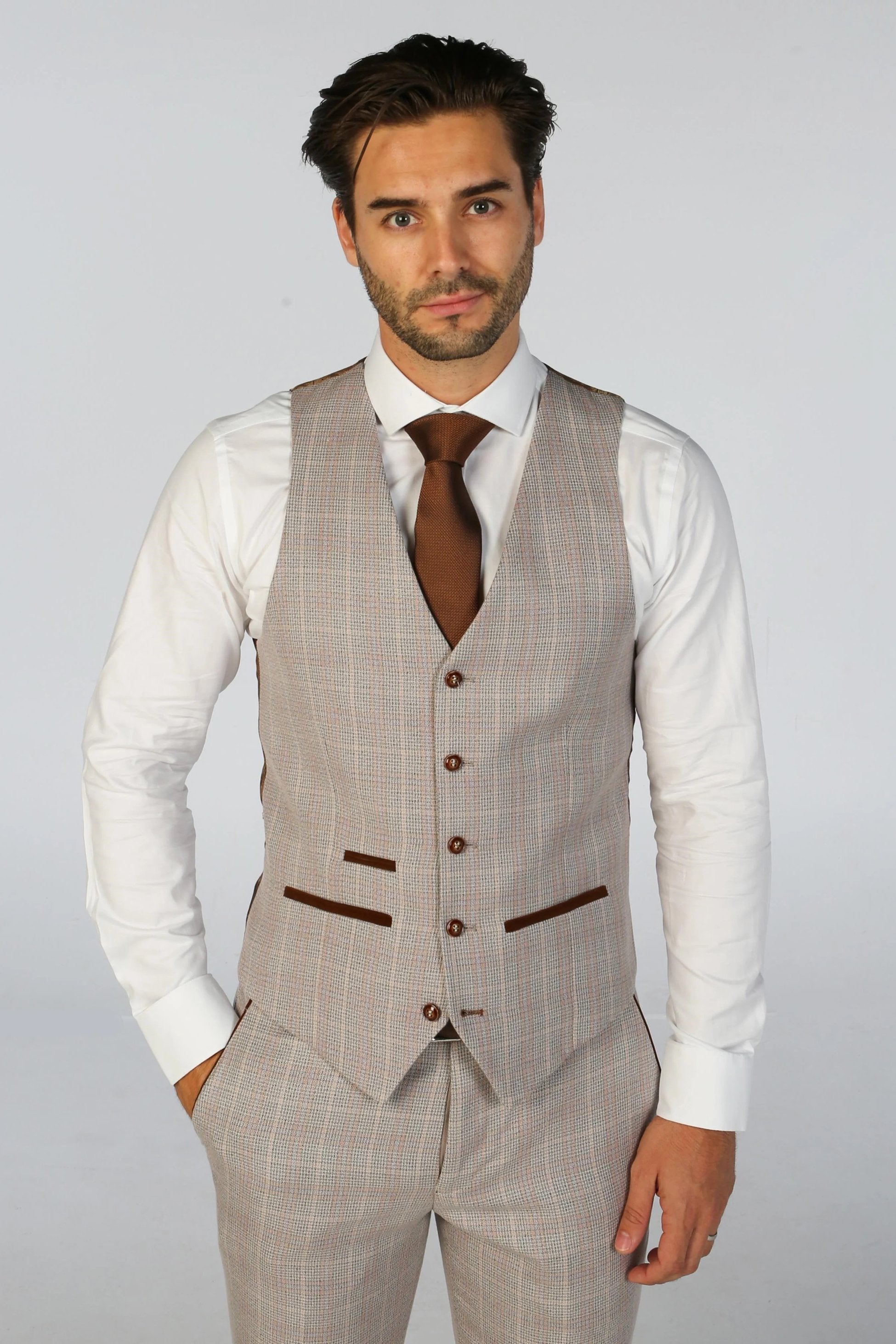 Mens beige tailored fit check waistcoat Leo