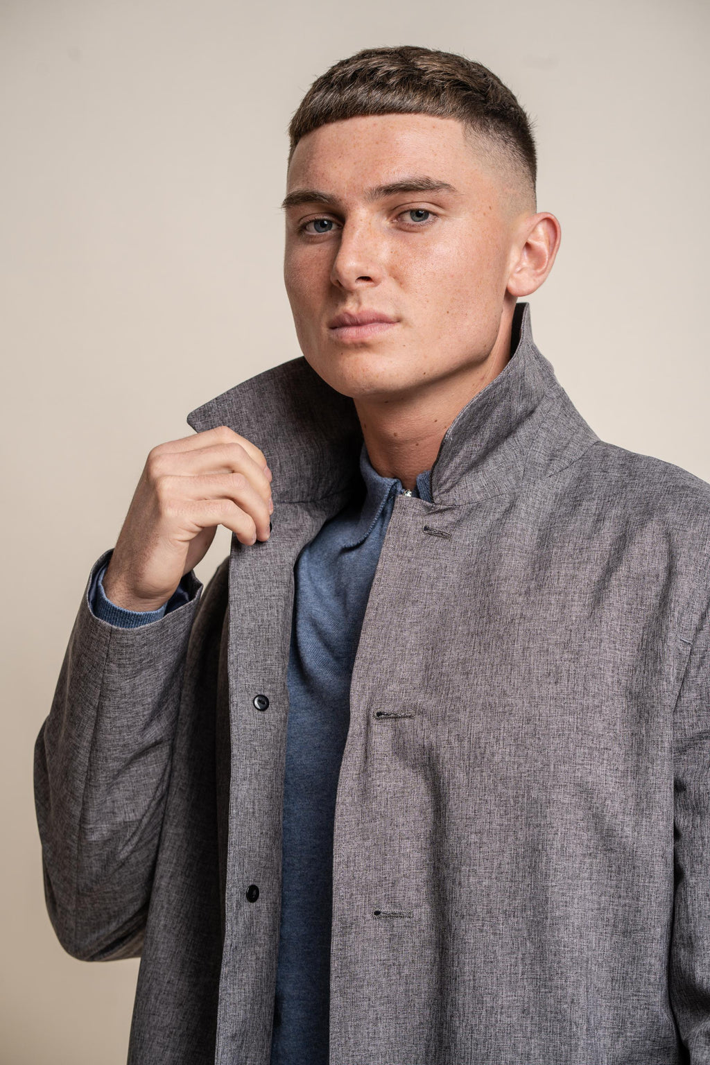 Men's grey midi-length Geke coat with removable zipper, BRANDO.