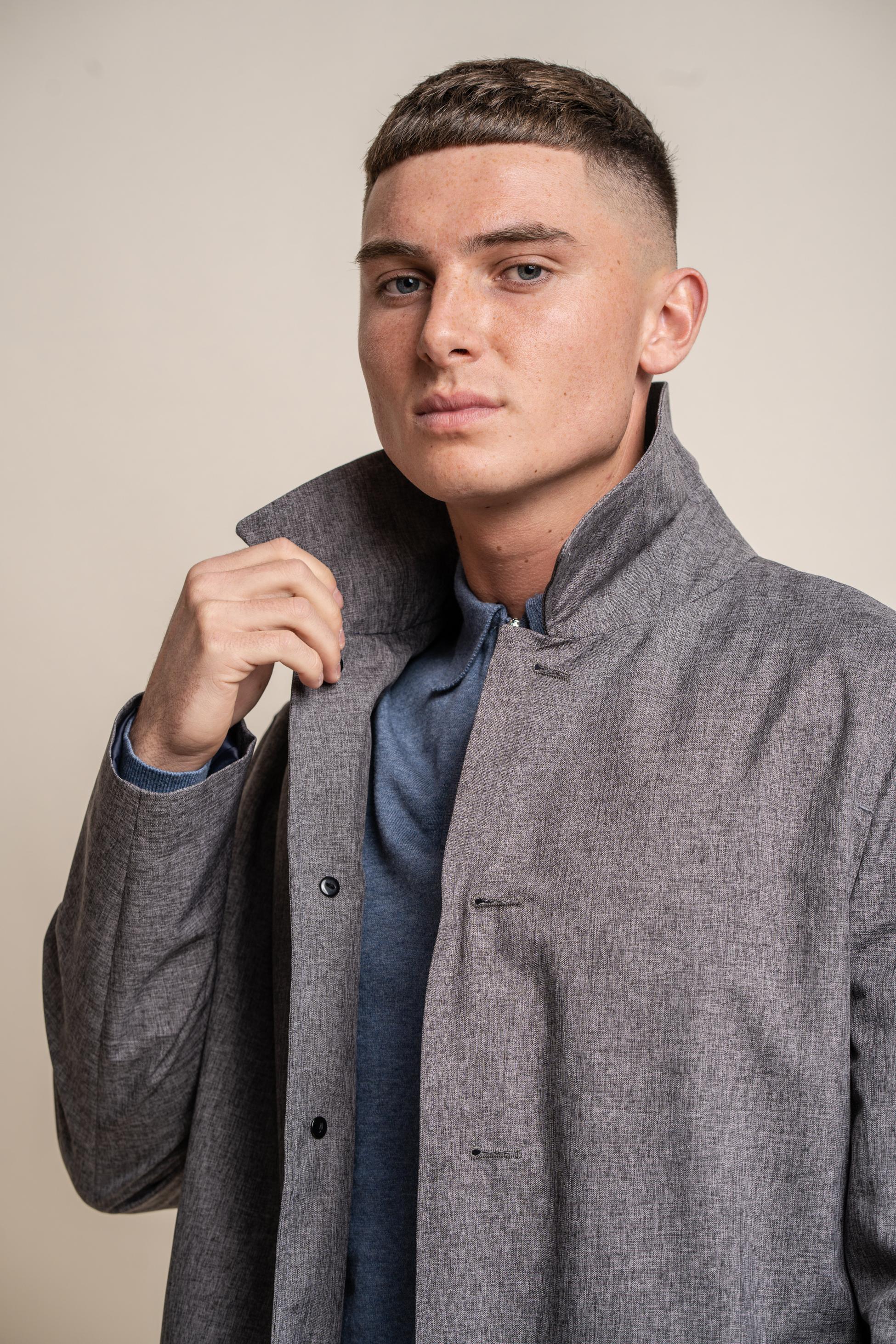 Men's grey midi-length Geke coat with removable zipper, BRANDO.