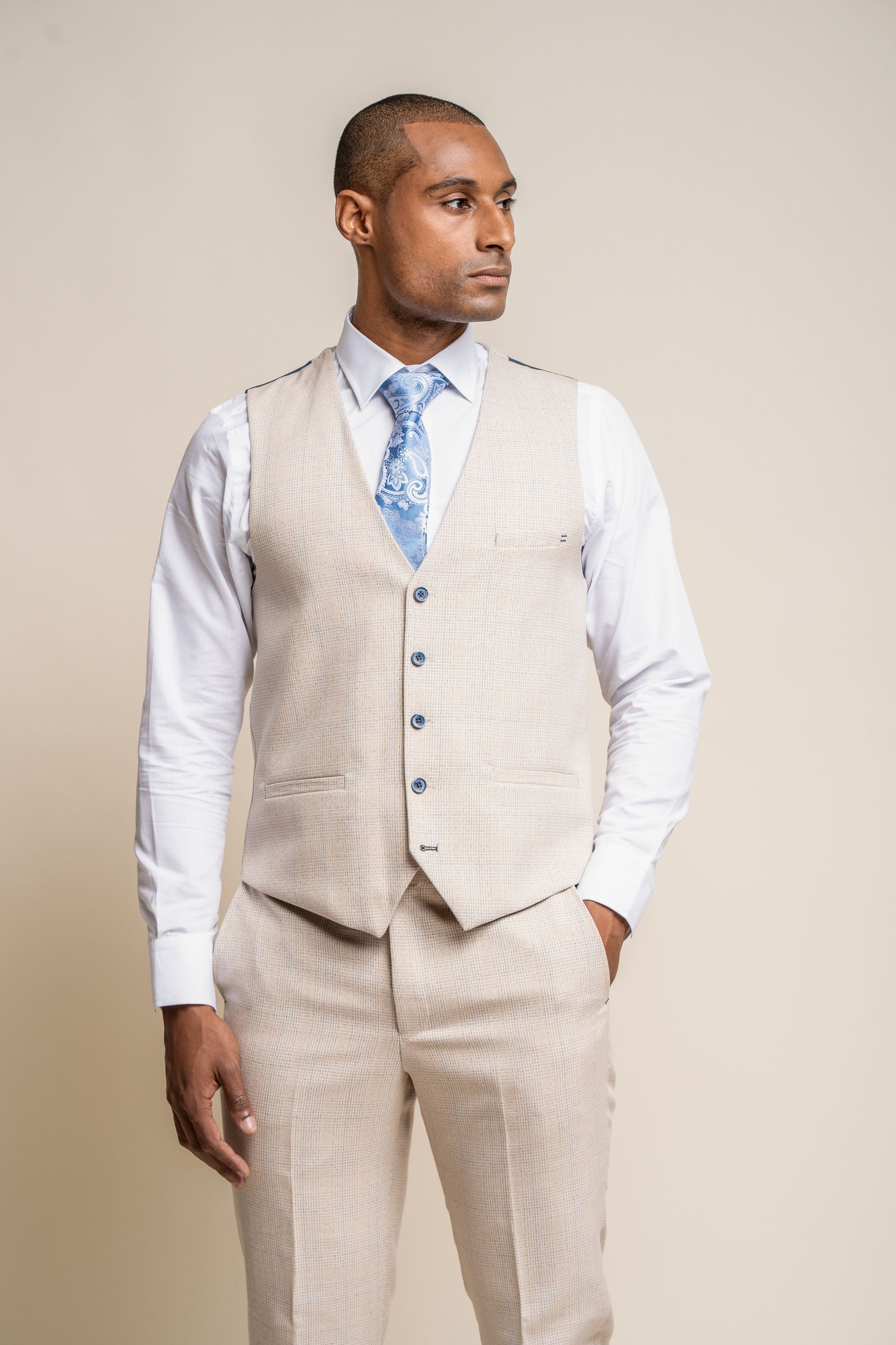 Mens beige tweed glen check slim fit formal waistcoat Caridi