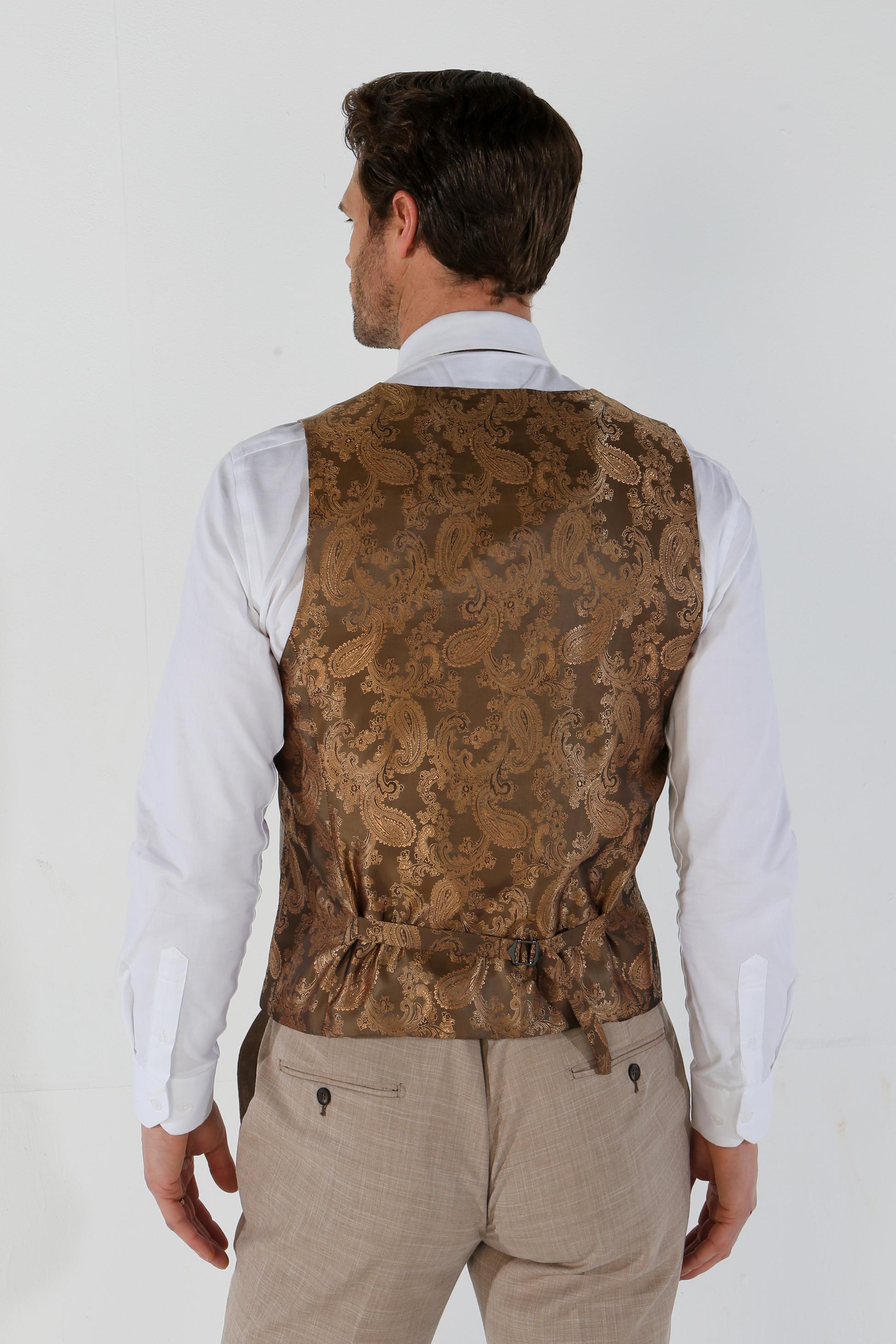 Mens Beige Tailored Fit Plaid Waistcoat KURT