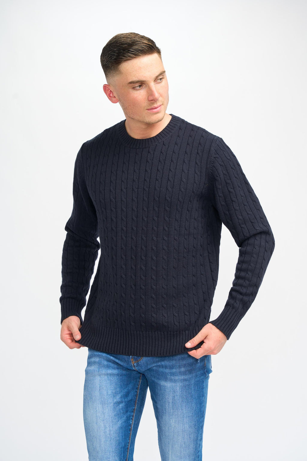 Men’s wool cable knit jumper, classic crewneck