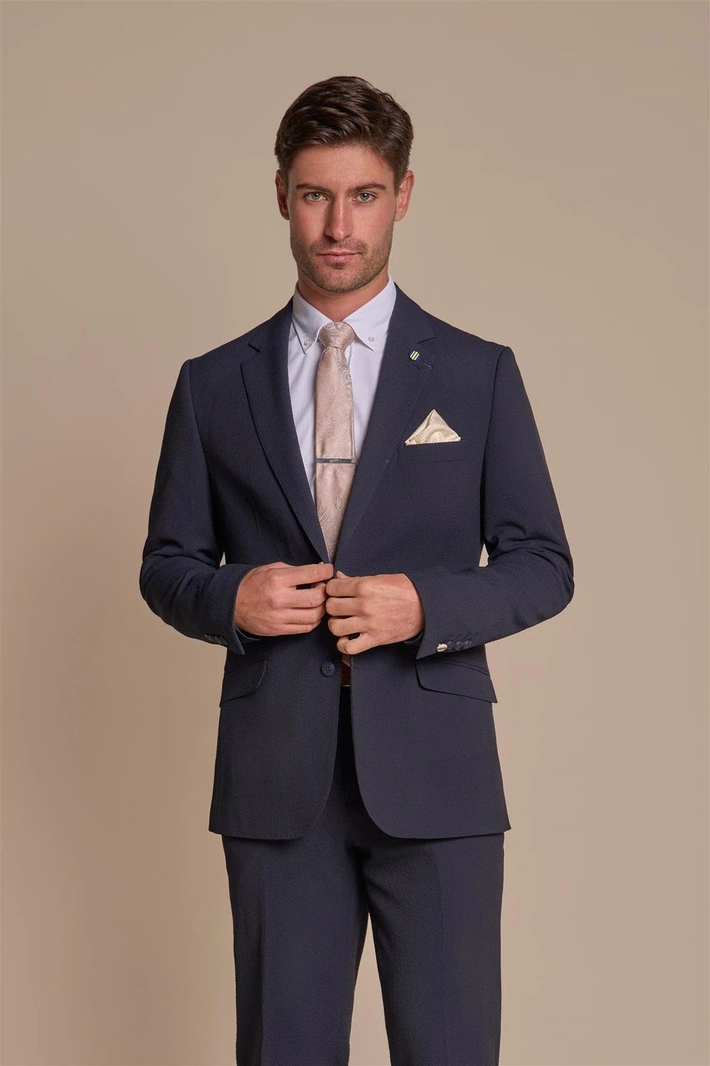 Mens navy textured slim fit suit jacket SIREN displayed tailored