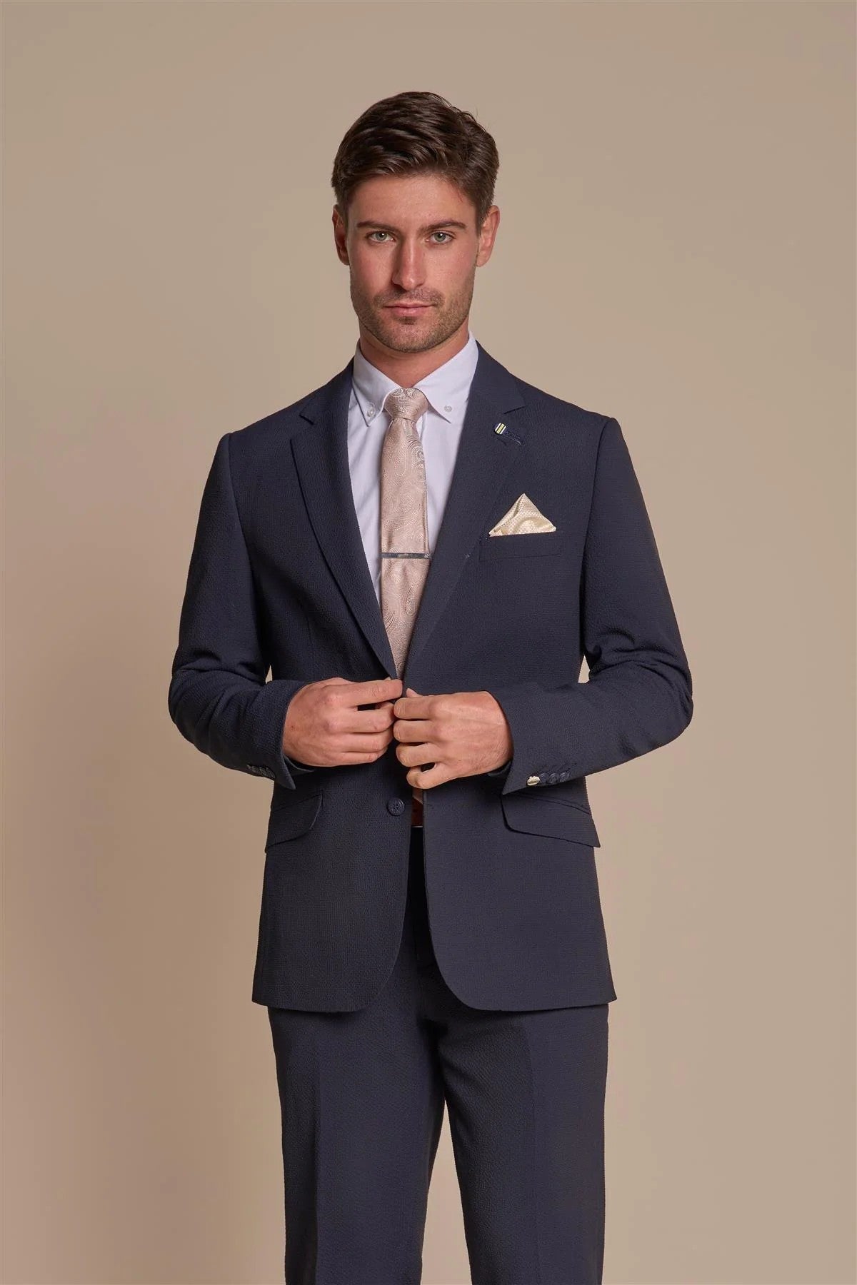 Mens navy textured slim fit suit jacket SIREN displayed tailored
