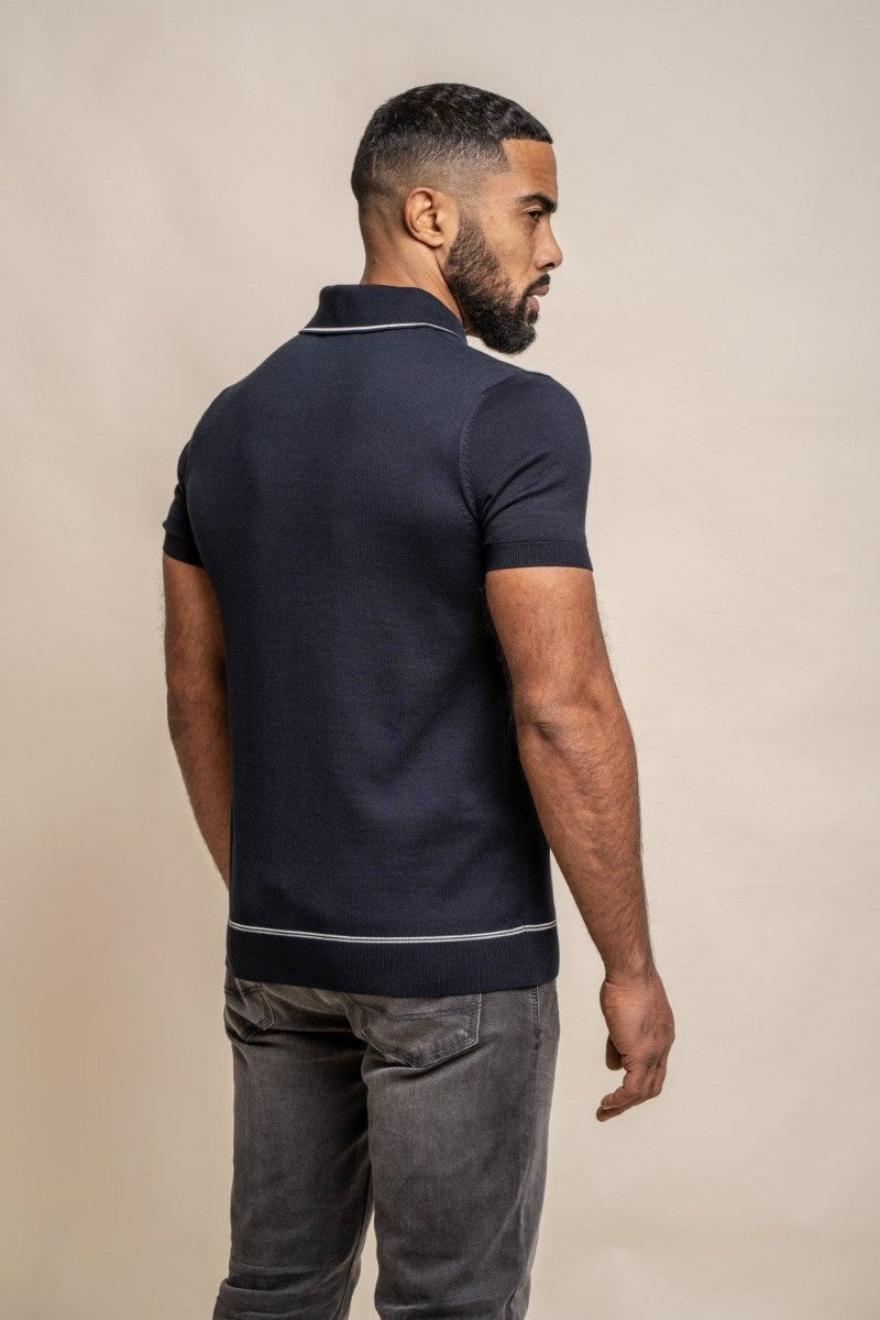 Mens Navy Blue Cotton Knitted Short Sleeve Polo T Shirt SEPPI
