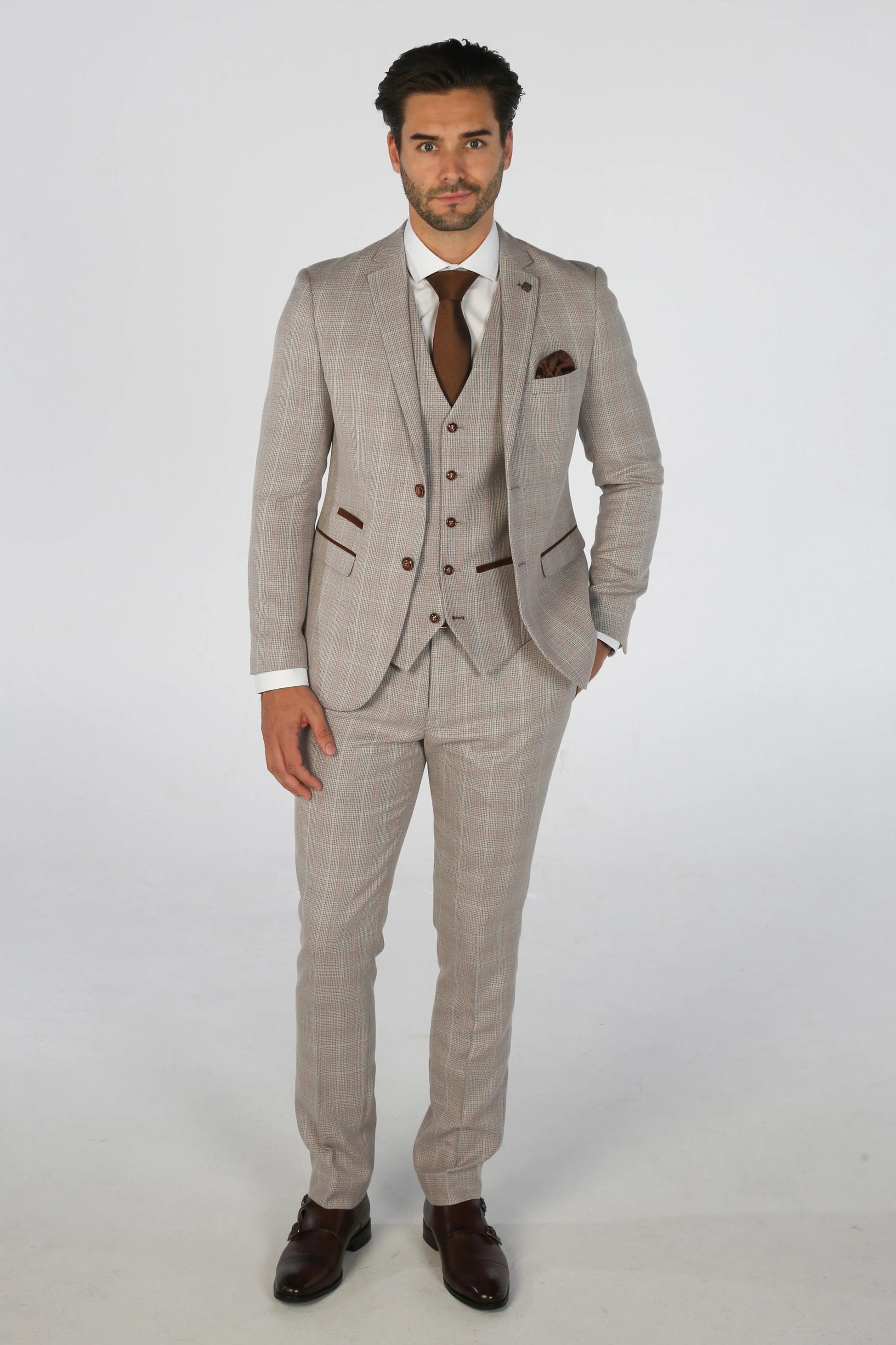 Mens Beige Tailored Fit Check Suit LEO