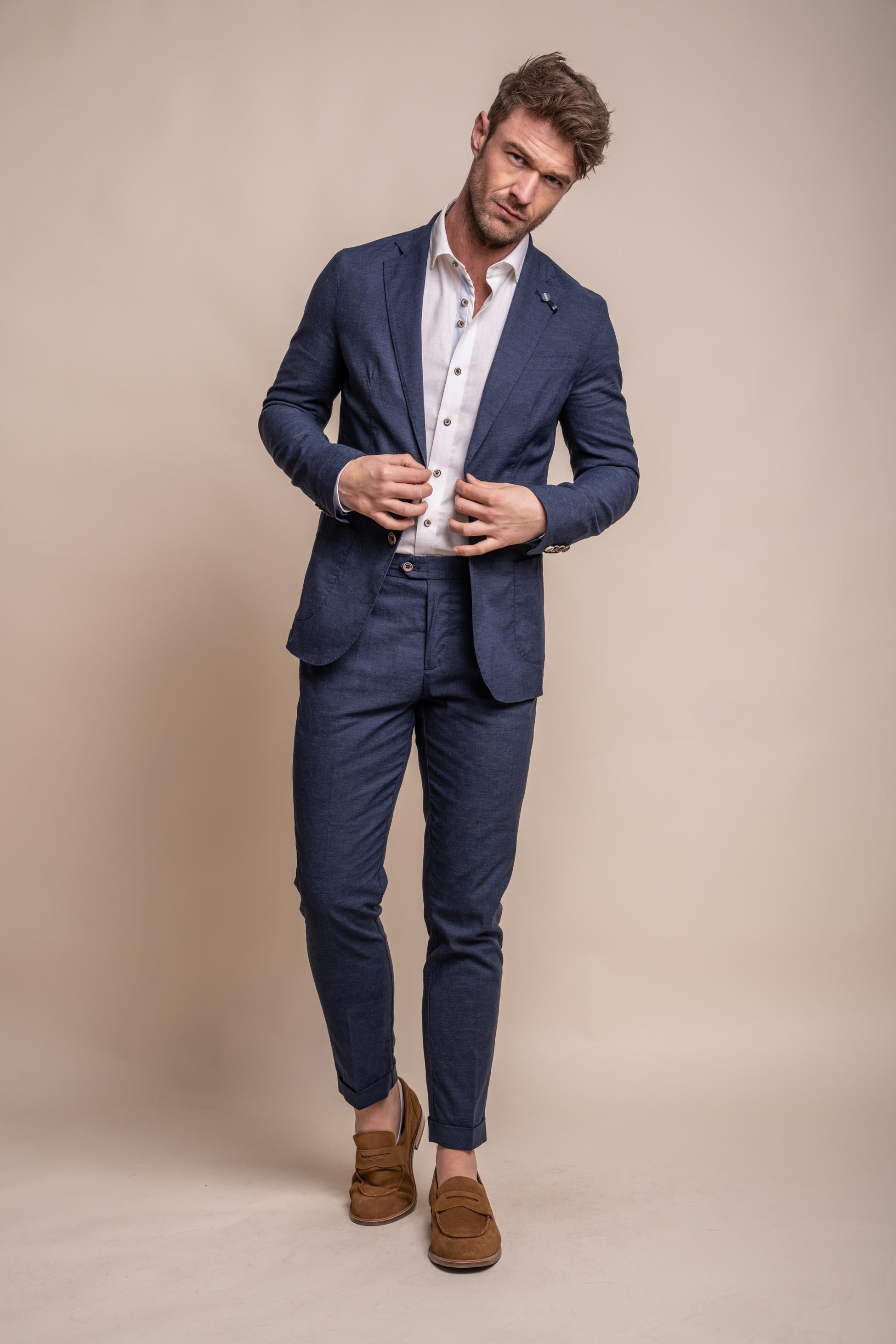 Mens Linen Slim Fit Suit Jacket - ALVARI - Navy Blue
