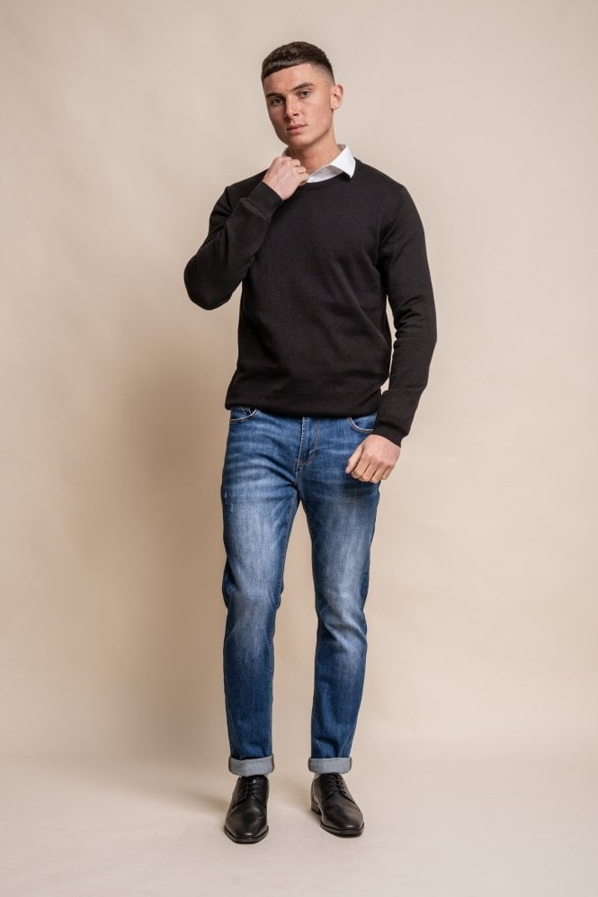 Mens Black Cotton Slim Fit Crewneck Jumper