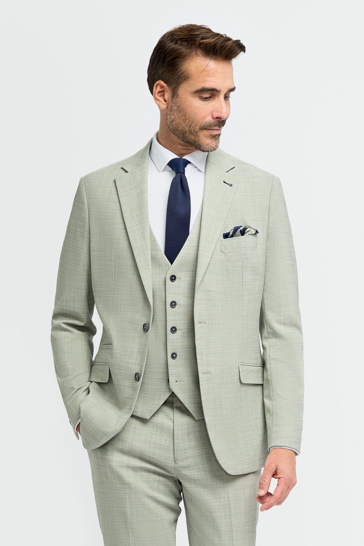 Mens sage green textured suit jacket CAMDEN displayed front view