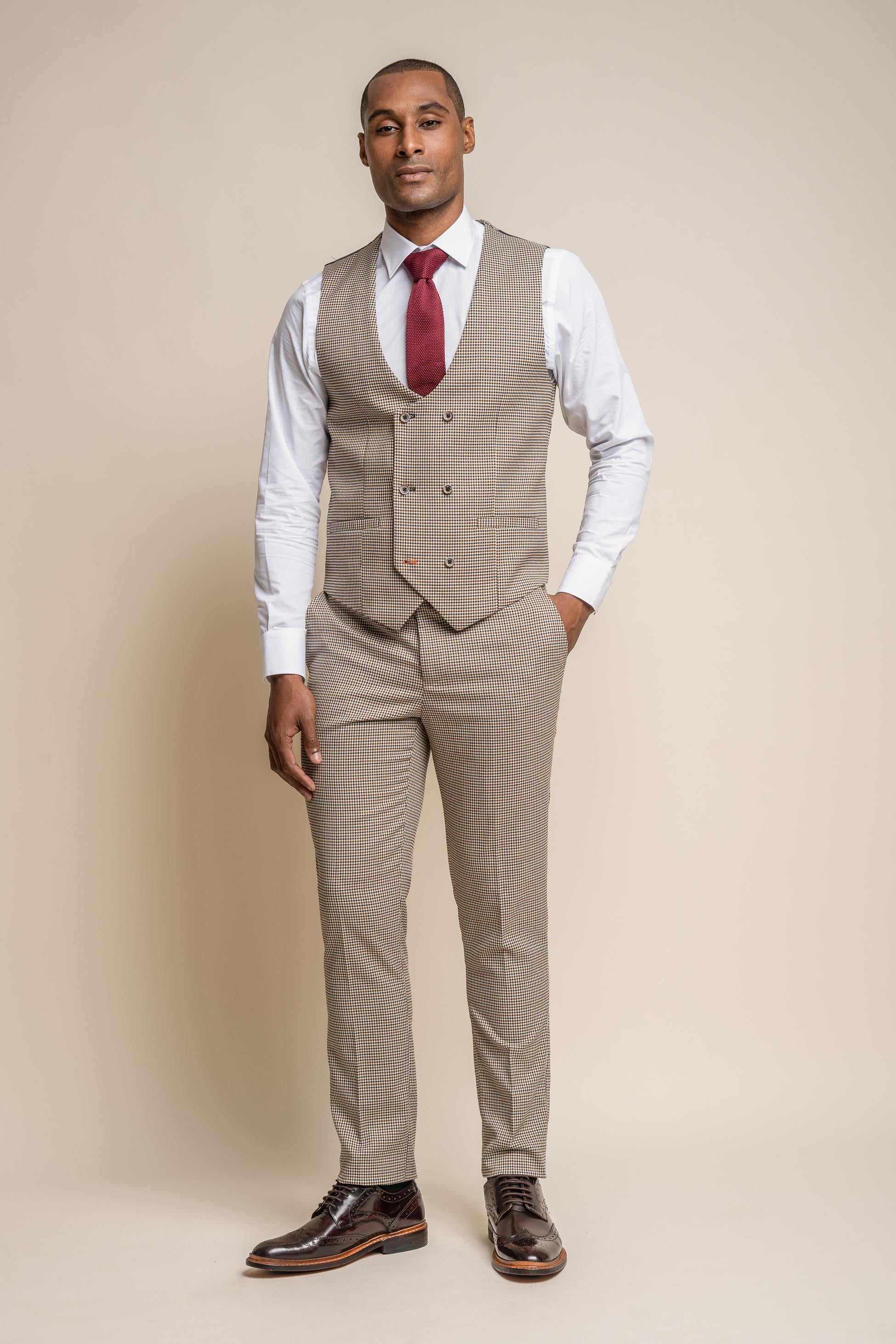 Mens Tan Brown Houndstooth Check Skinny Fit Waistcoat ELWOOD