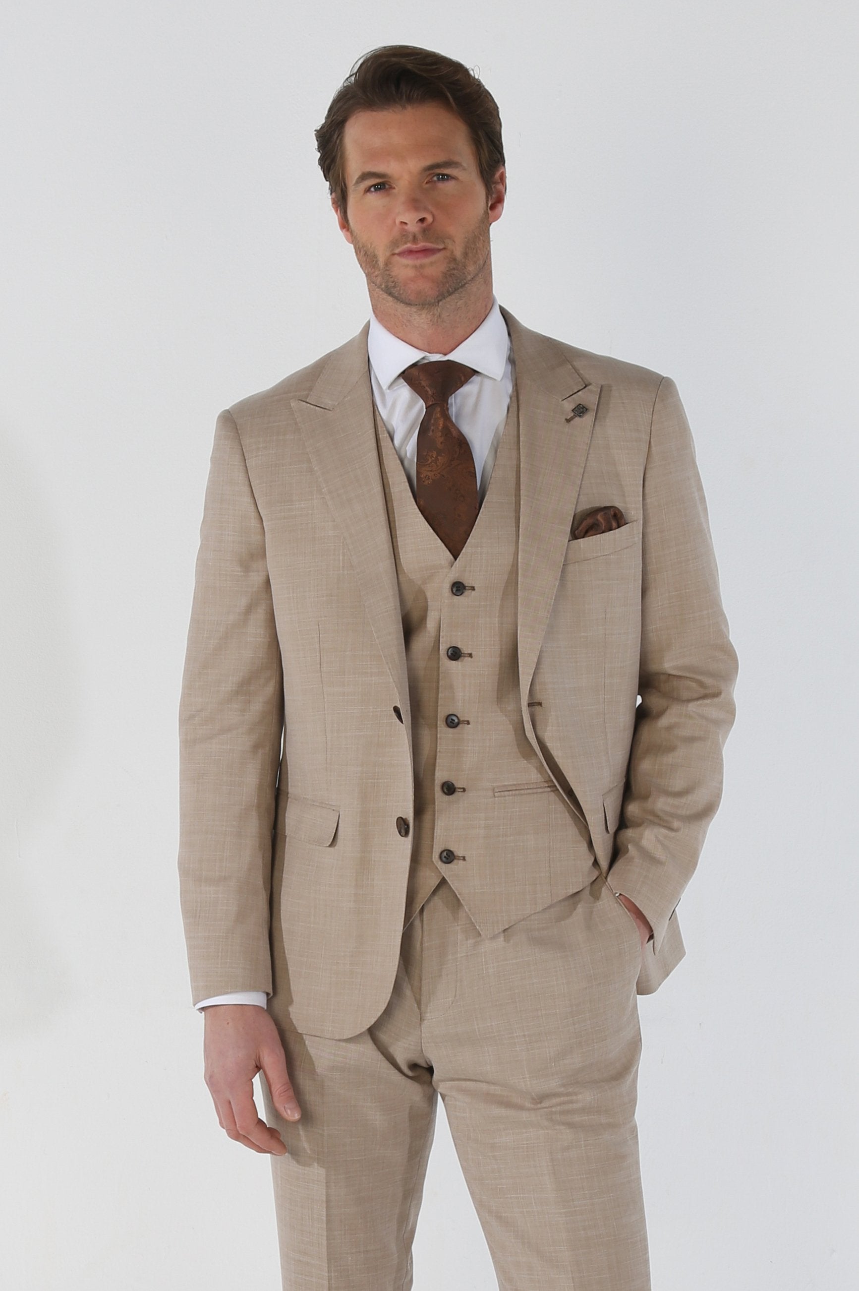 Men's tailored fit plaid beige suit
