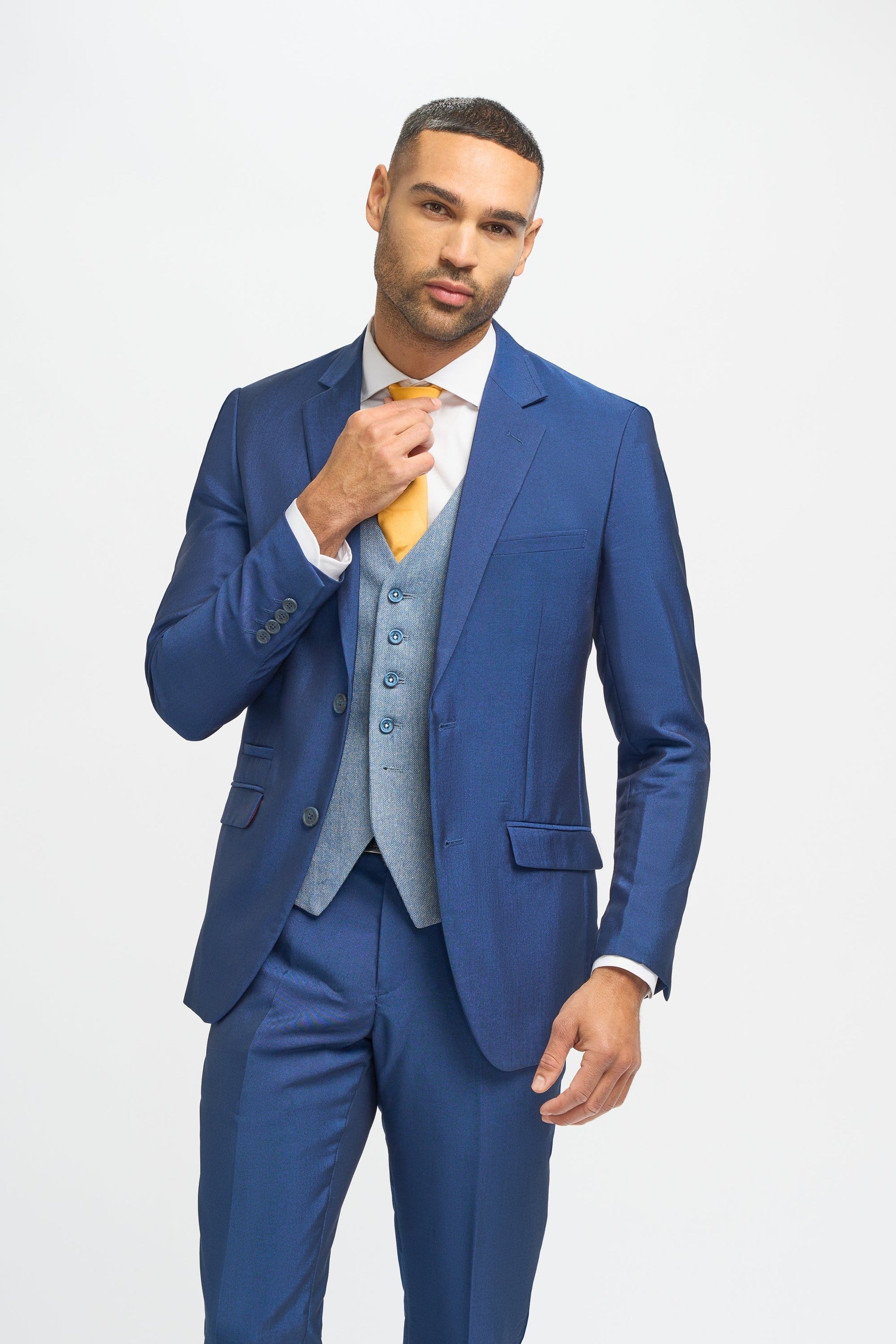 Royal Blue Men's 3-Piece Slim Fit Wedding Suit with Light Blue Tweed Waistcoat