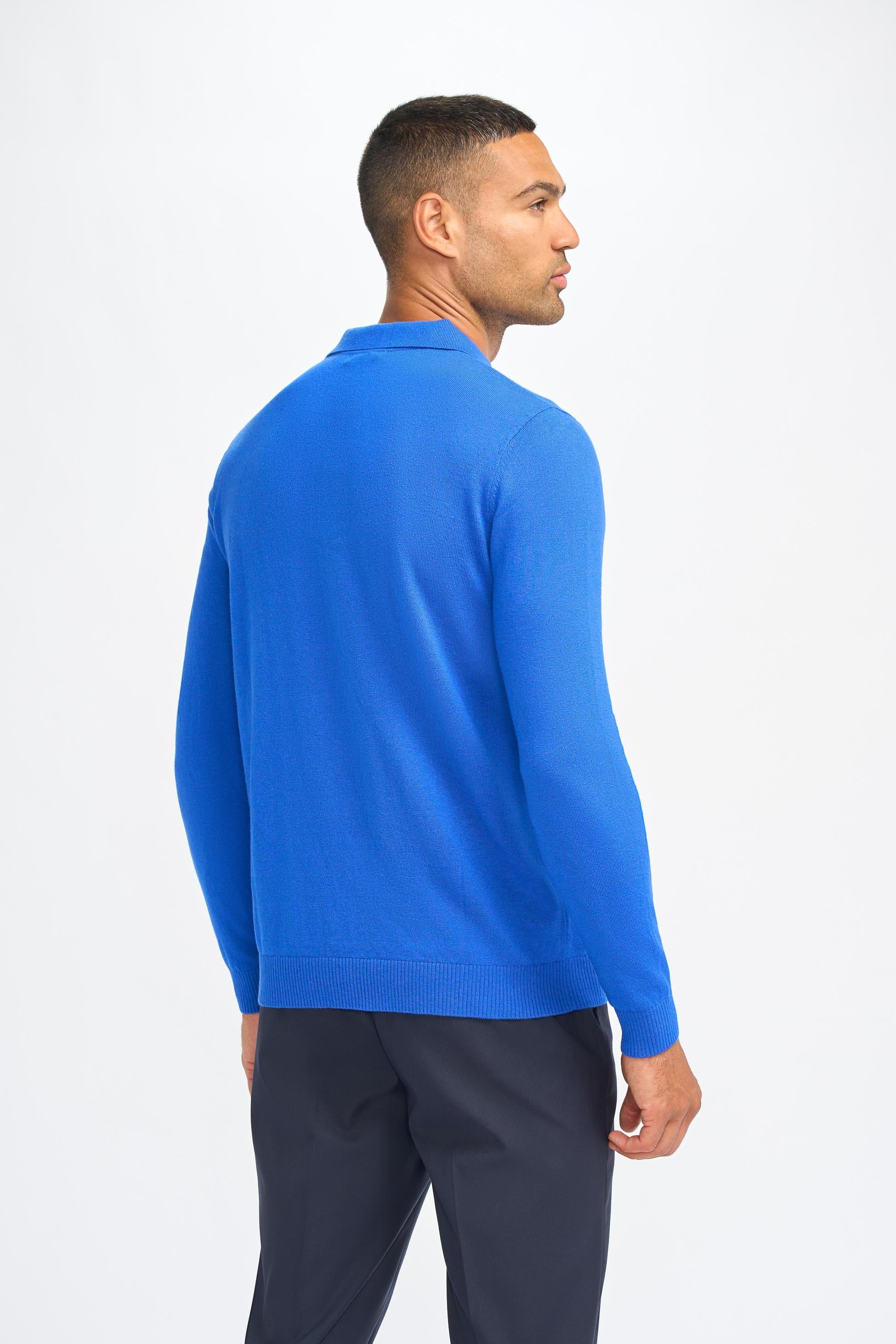 Mens Electric Blue Wool Knit Long Sleeve Polo Shirt BOOM