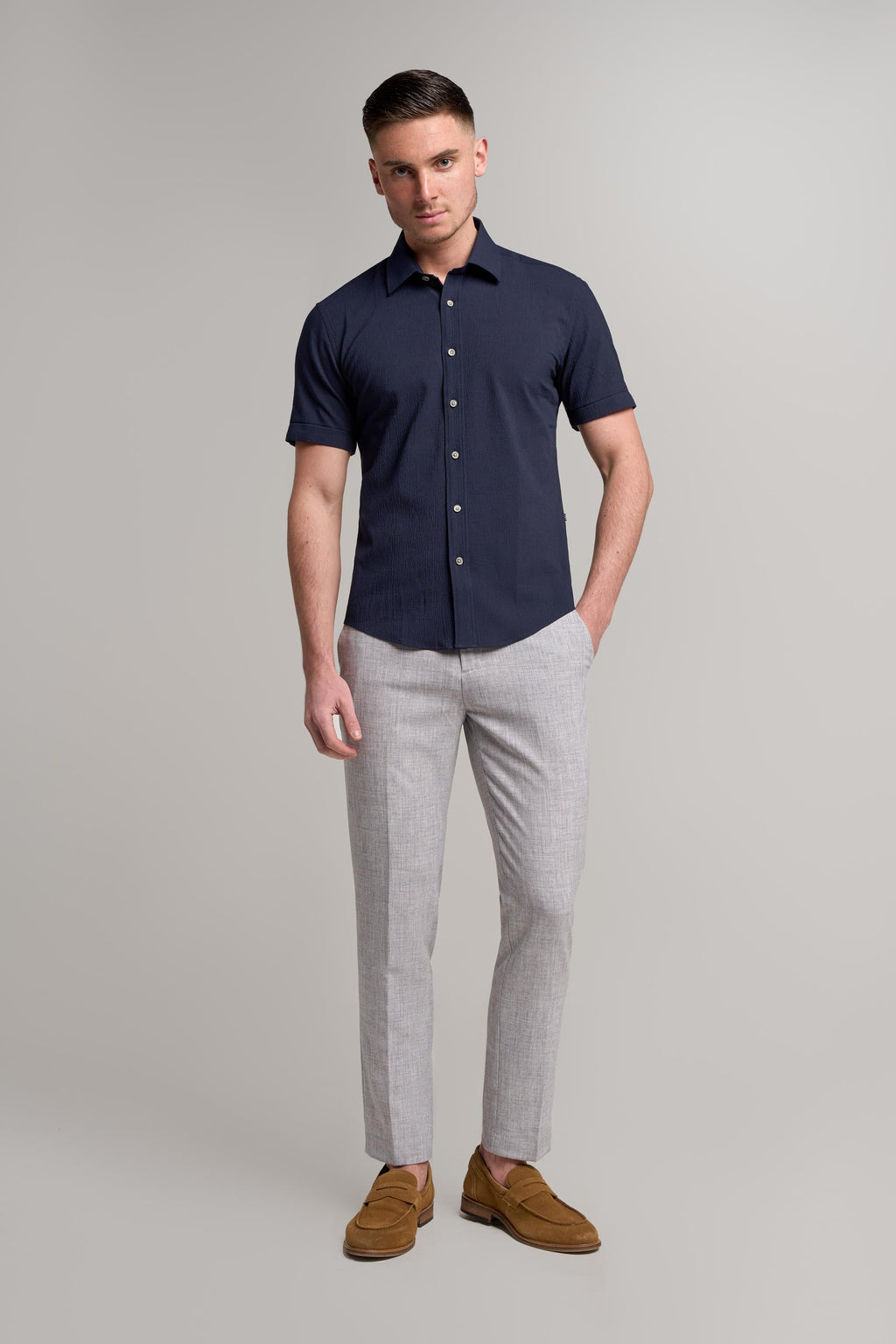 Mens Kai Navy Blue Textured Cotton Slim Fit Shirt
