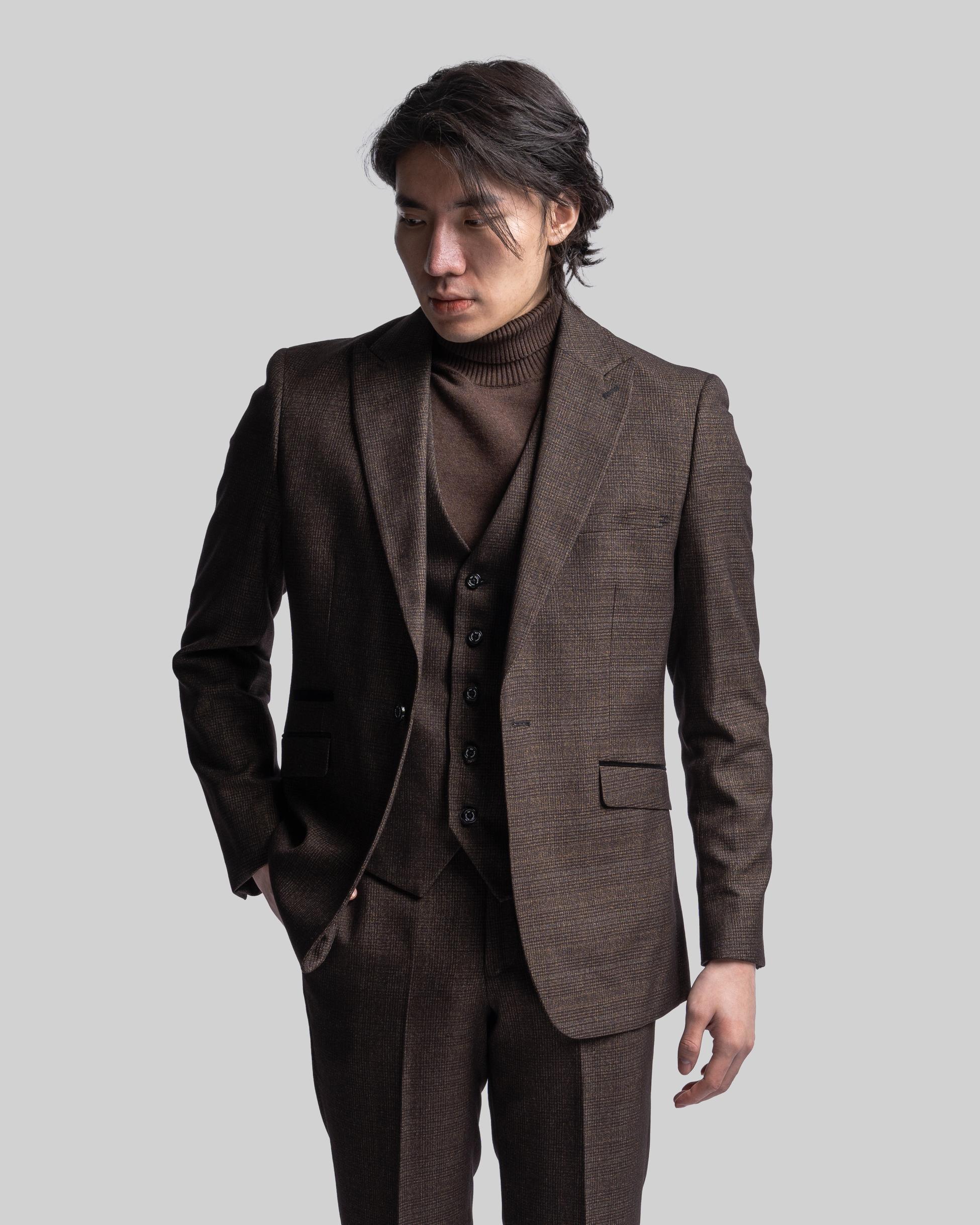 Men's Tweed Glen Check Slim Fit Suit Jacket - CARIDI - Brown