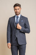 Men’s navy pinstripe slim fit suit jacket INVINCIBLE front view