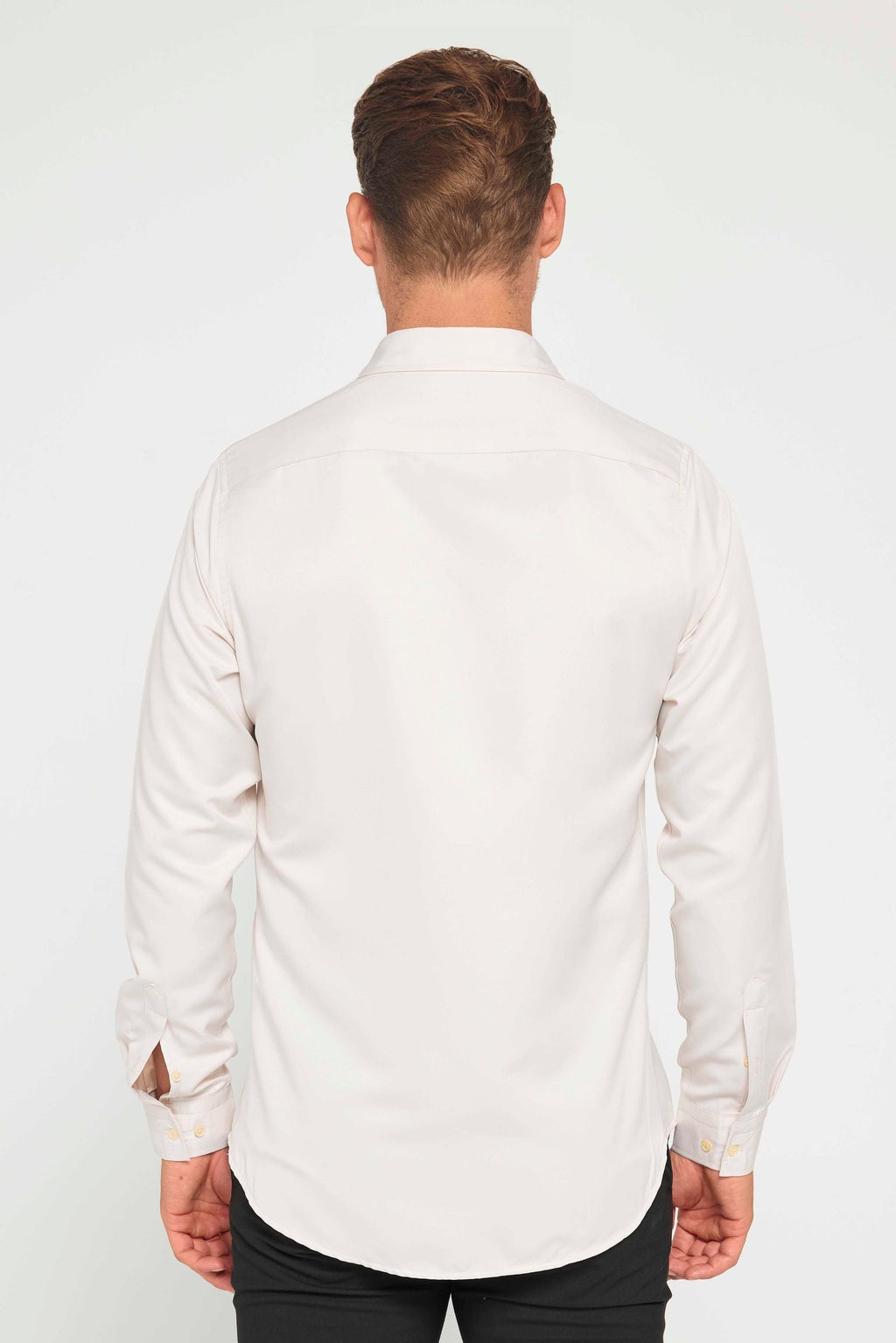 Mens Poly Stone Beige Slim Fit Long Sleeve Dress Shirt