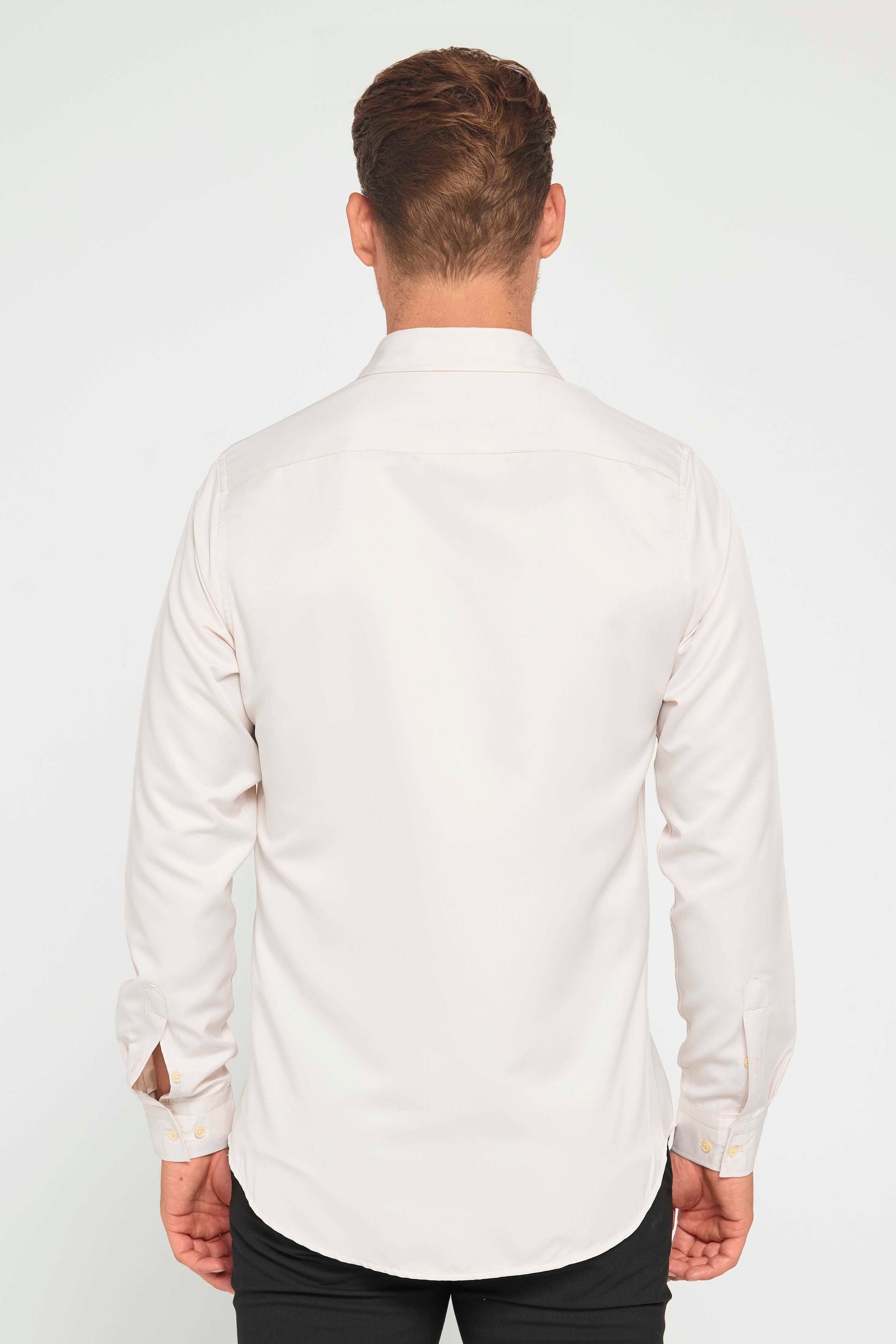Mens Poly Stone Beige Slim Fit Long Sleeve Dress Shirt