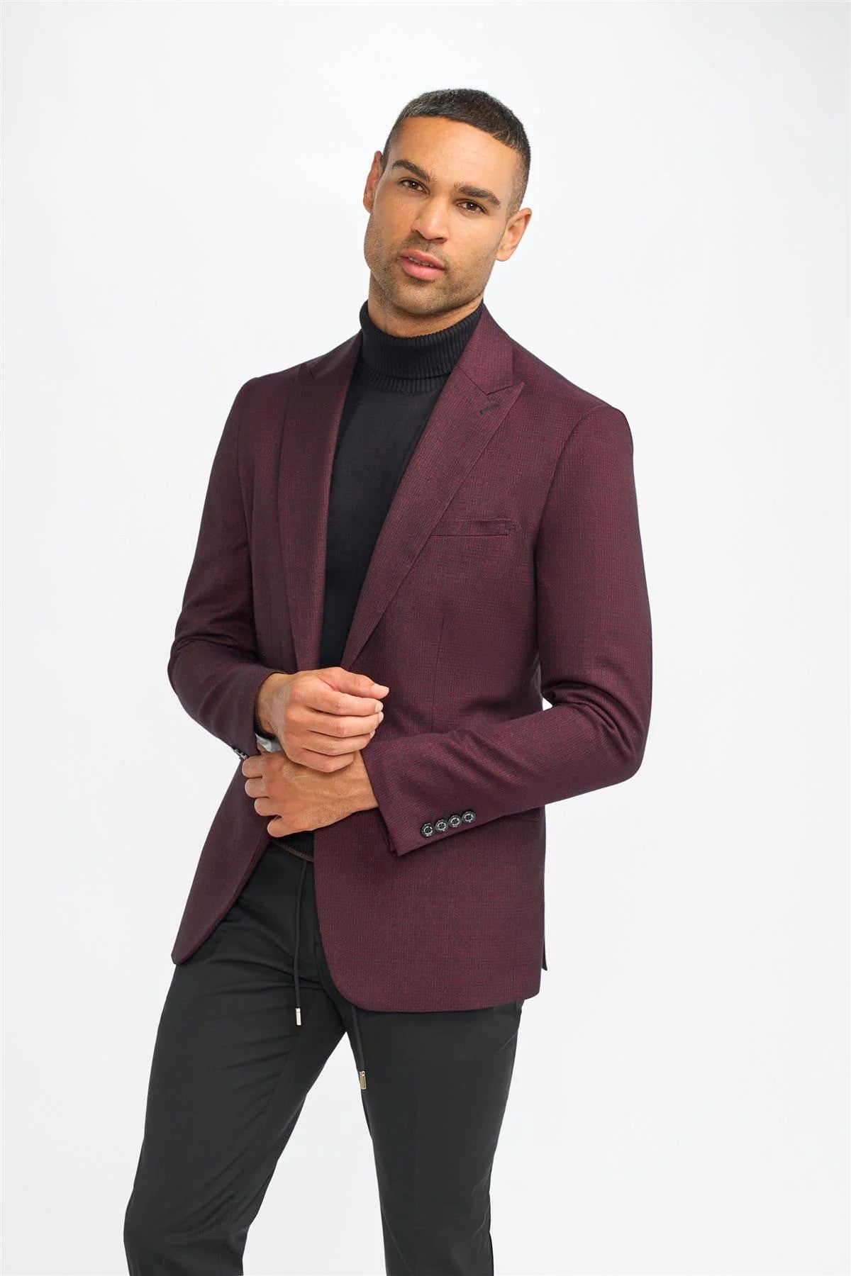 Men's Tweed Glen Check Slim Fit Suit Jacket - CARIDI - Wine