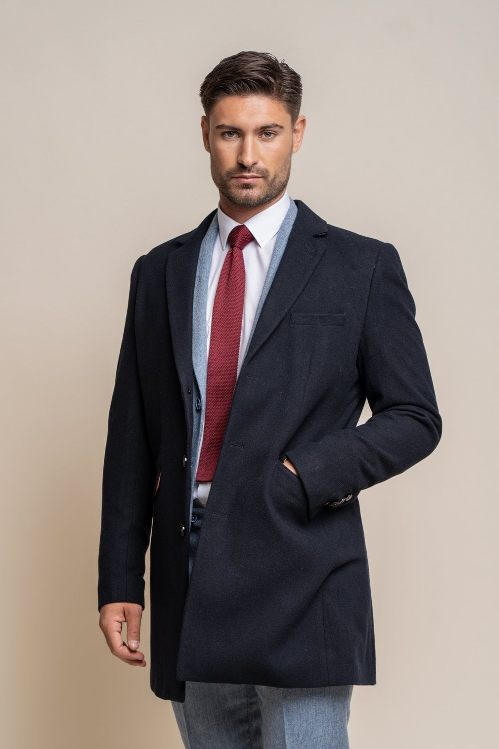Men’s wool midi coat in navy blue, ROMAN.