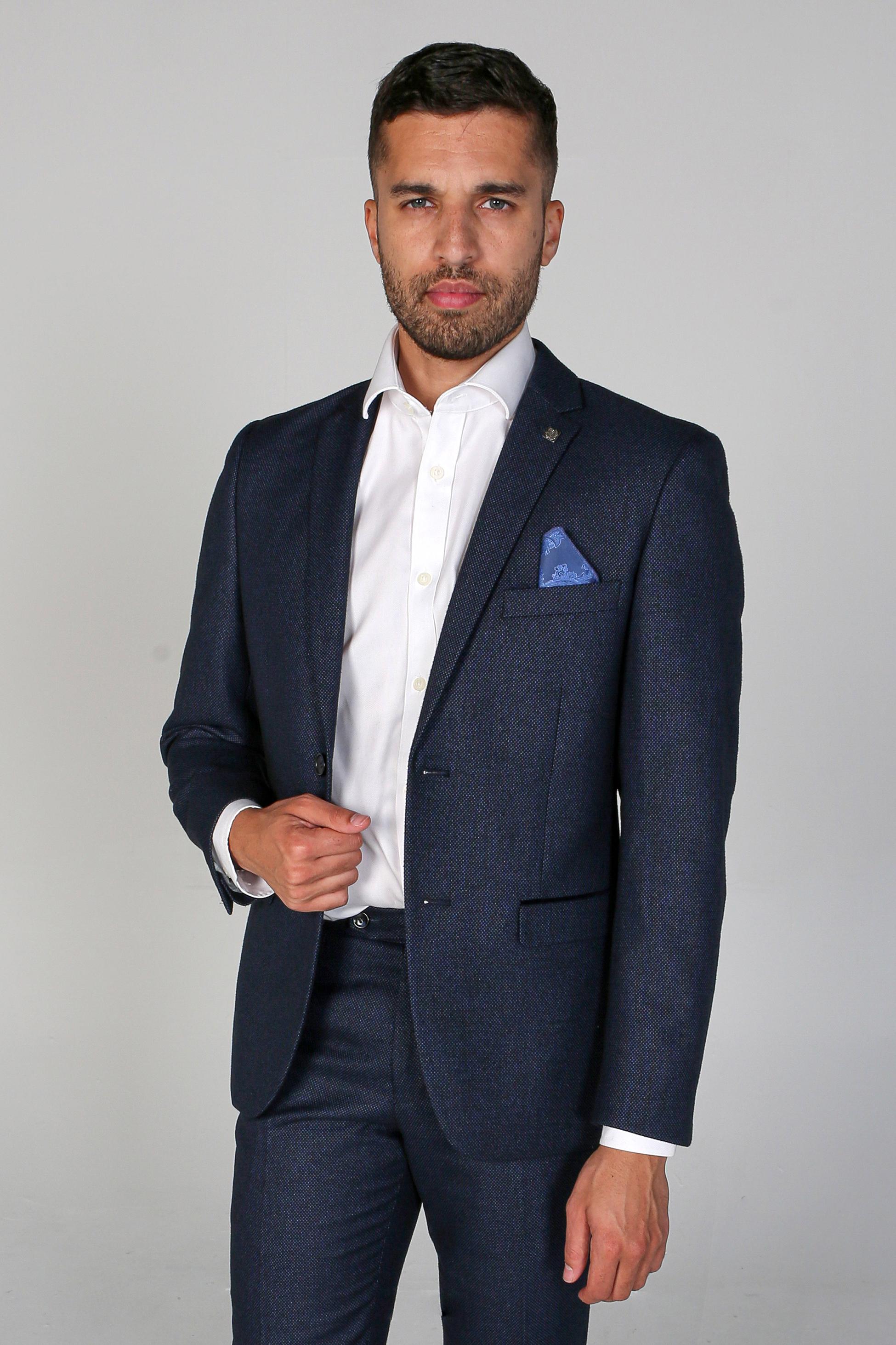 Mens navy textured formal suit jacket ARTHUR elegant style