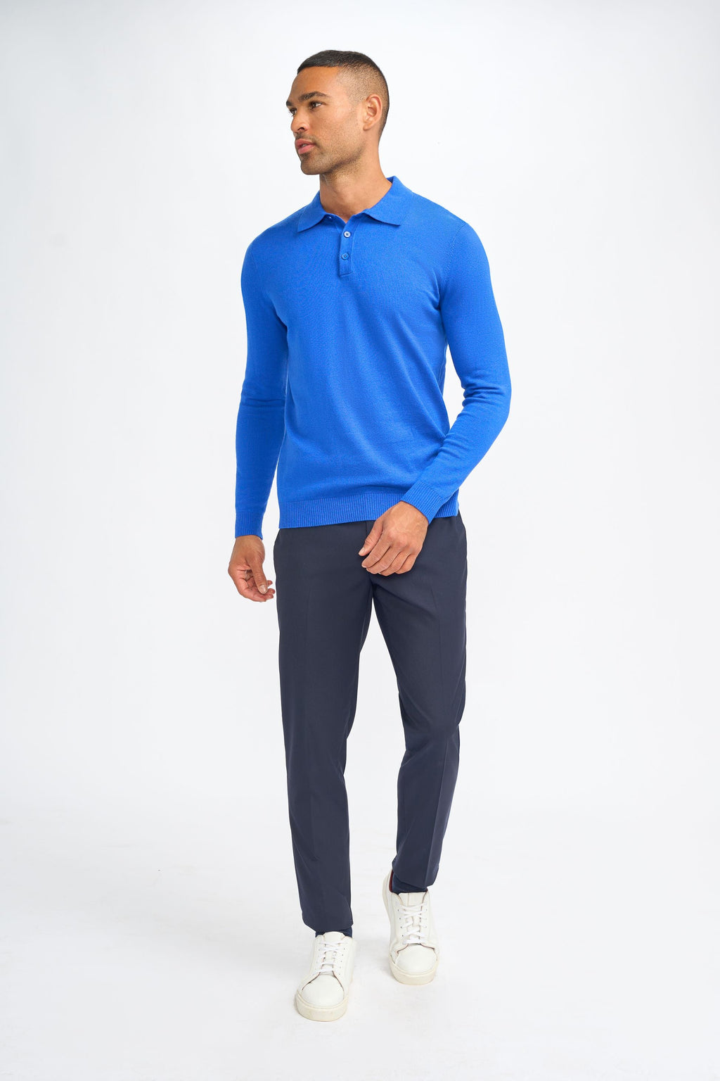 Mens Electric Blue Wool Knit Long Sleeve Polo Shirt BOOM